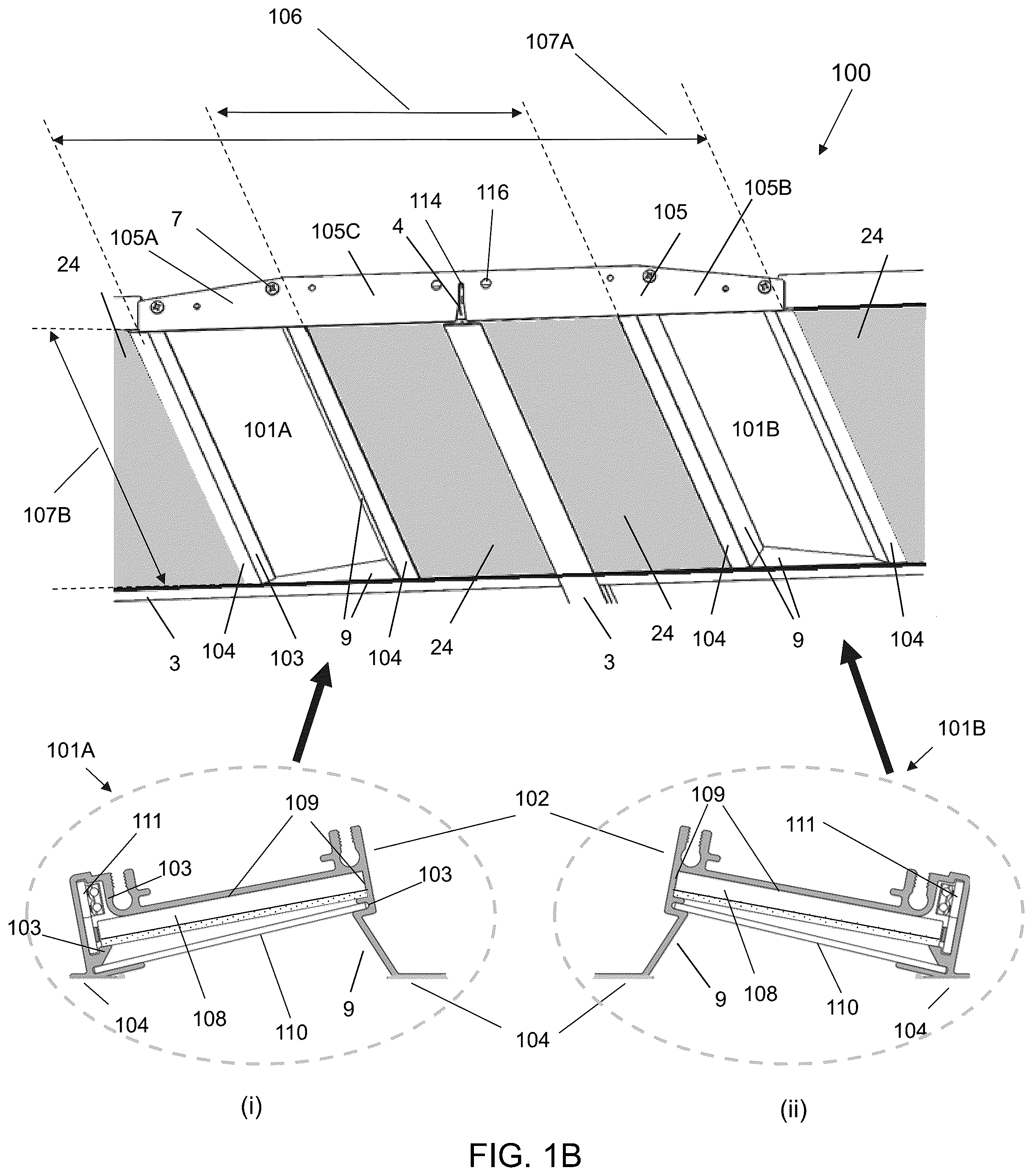 Patent US12312806 Figure 2 – Ceiling grid lighting assembly with two linear lighting modules and a configurable, functional gap
