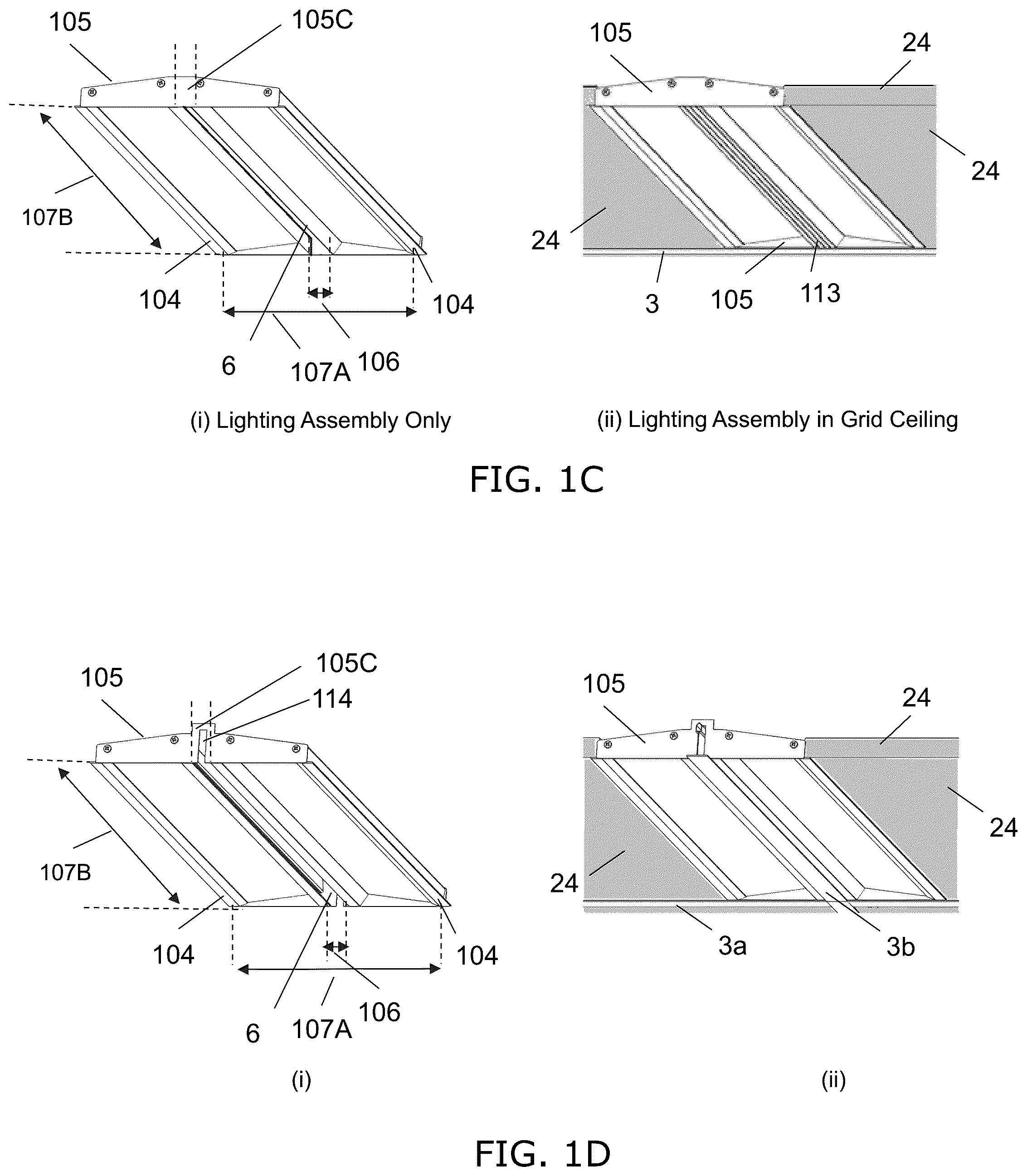 Patent US12312806 Figure 3 – Ceiling grid lighting assembly with two linear lighting modules and a configurable, functional gap