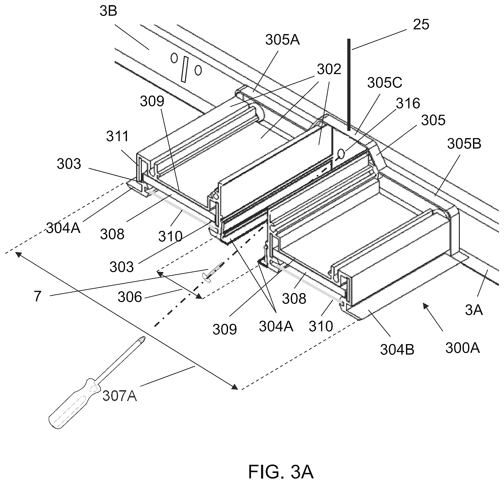Patent US12312806 Figure 8 – Ceiling grid lighting assembly with two linear lighting modules and a configurable, functional gap
