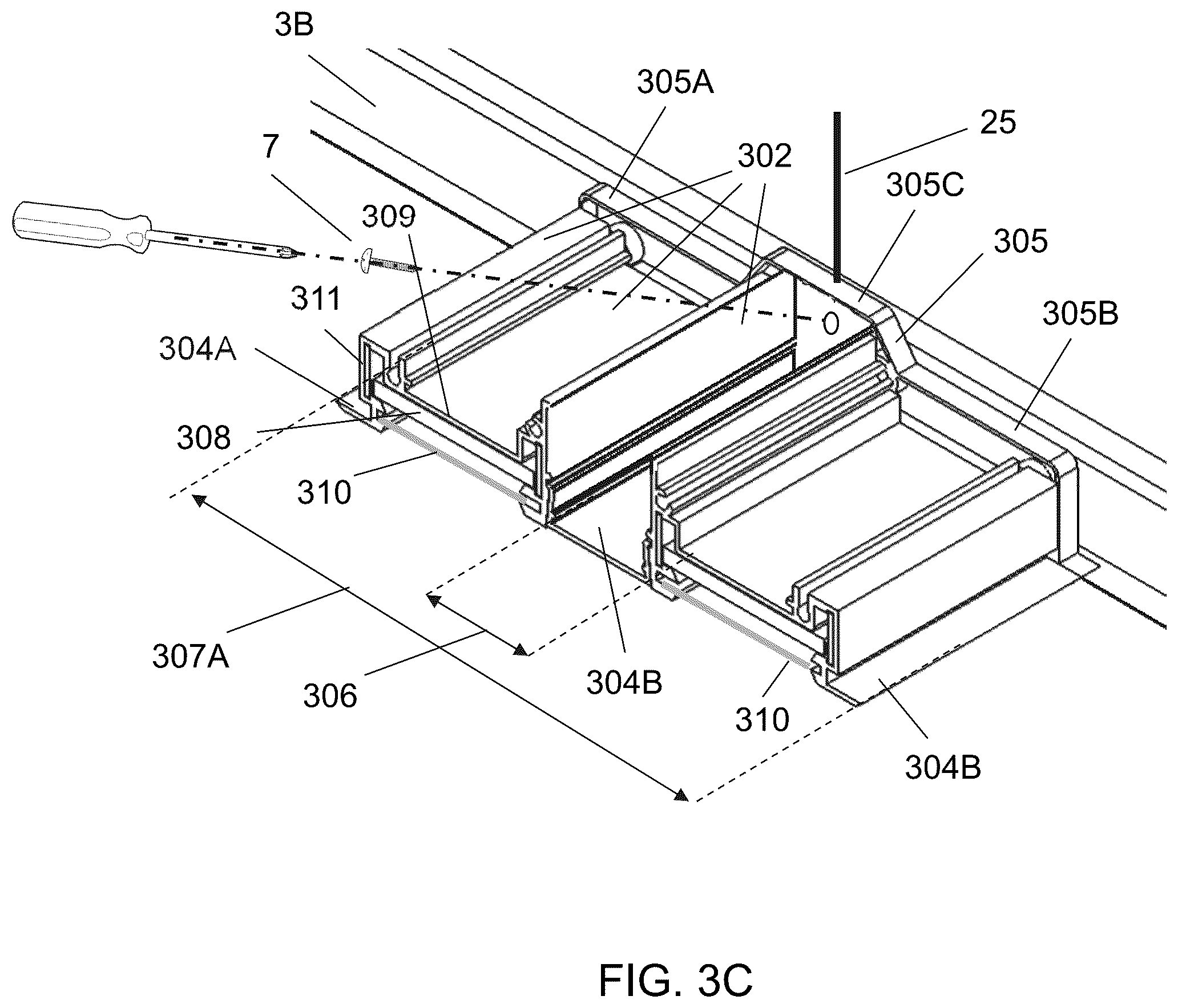 Patent US12312806 Figure 10 – Ceiling grid lighting assembly with two linear lighting modules and a configurable, functional gap
