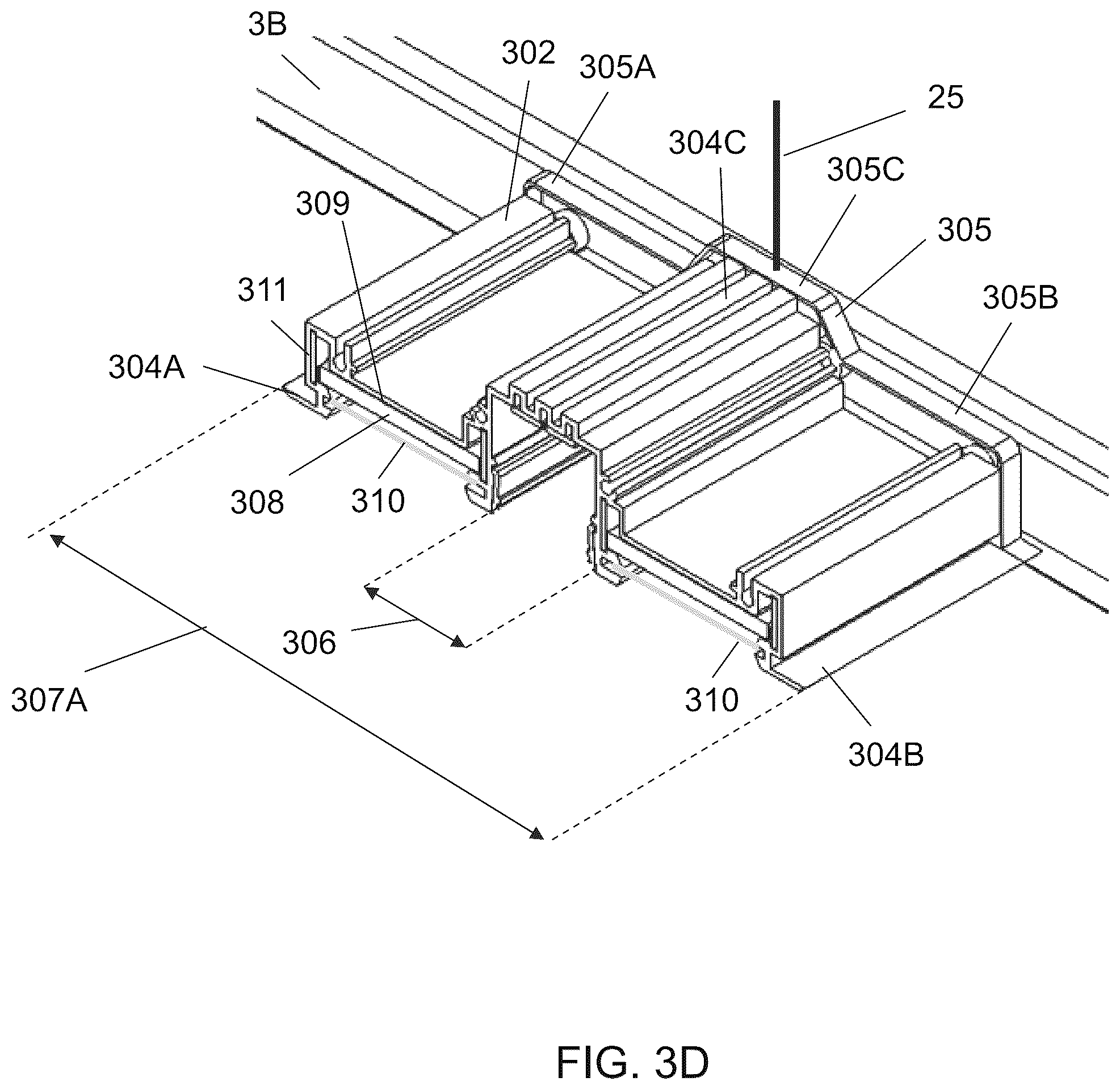 Patent US12312806 Figure 11 – Ceiling grid lighting assembly with two linear lighting modules and a configurable, functional gap