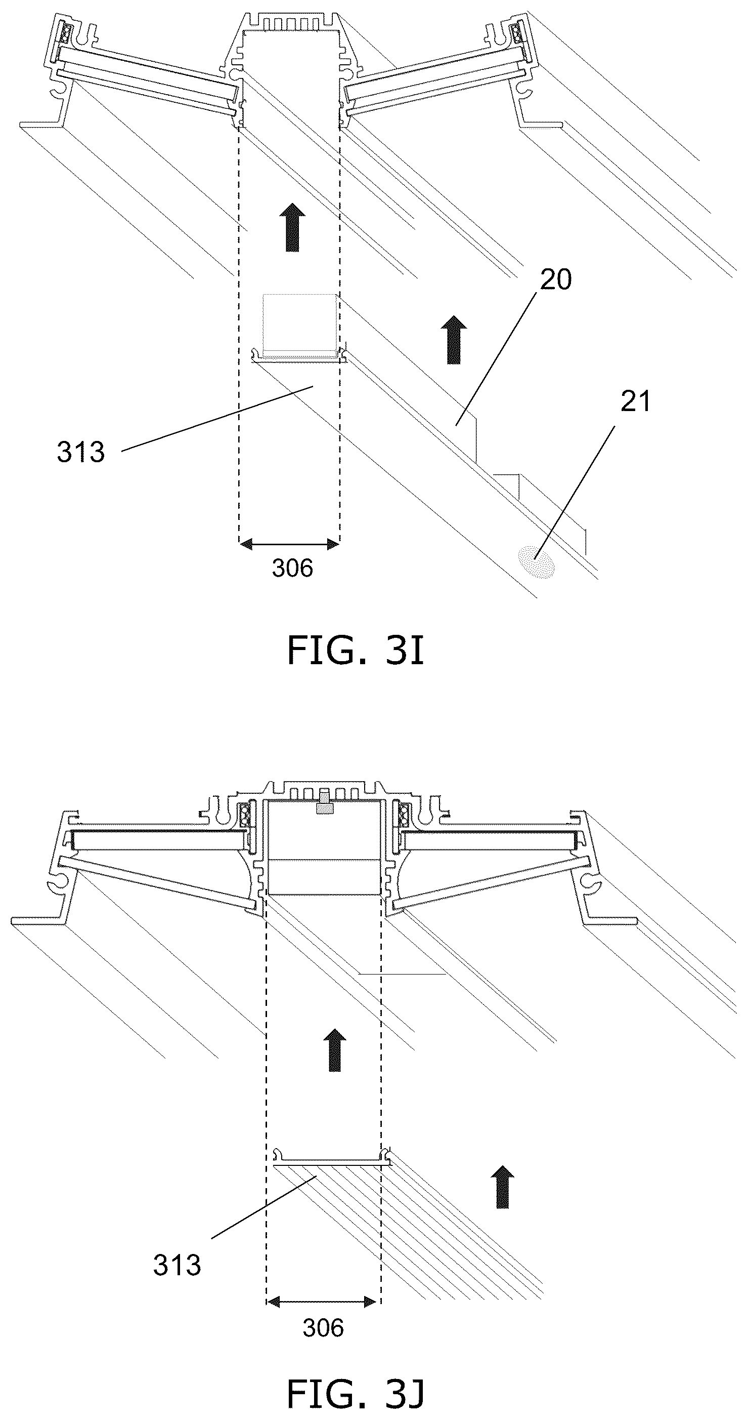 Patent US12312806 Figure 14 – Ceiling grid lighting assembly with two linear lighting modules and a configurable, functional gap