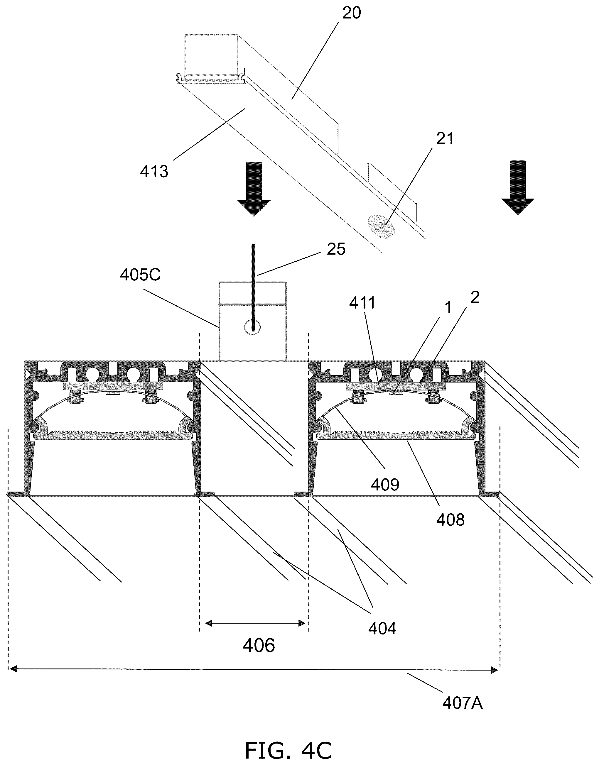 Patent US12312806 Figure 16 – Ceiling grid lighting assembly with two linear lighting modules and a configurable, functional gap