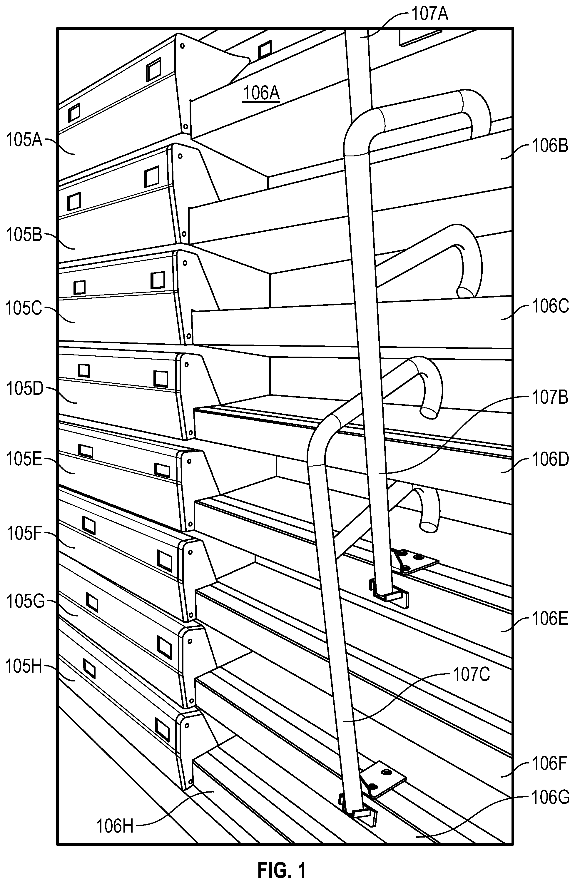Patent US12312829 Figure 1 – System and method for preventing access to steps in retracted bleachers