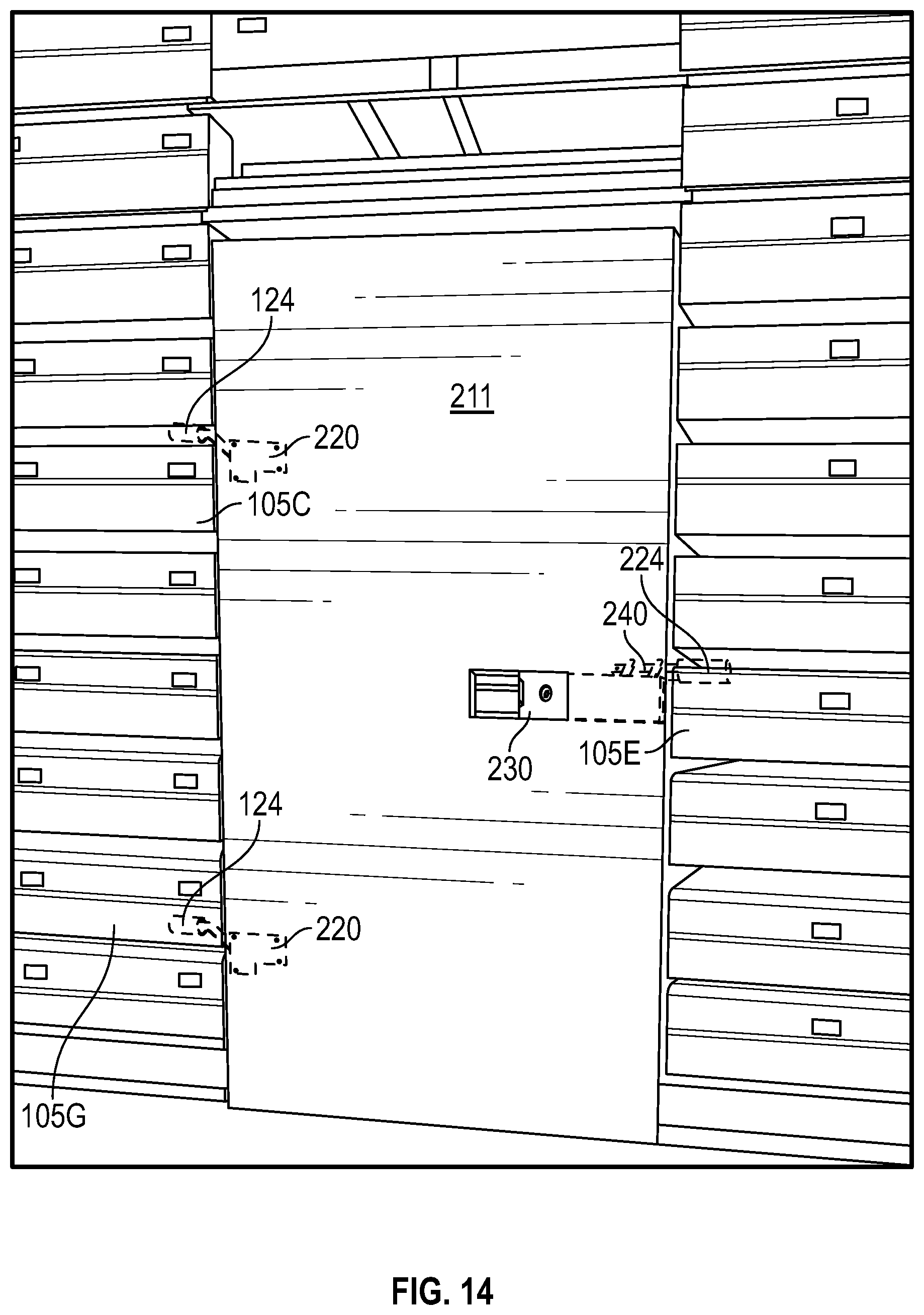 Patent US12312829 Figure 13 – System and method for preventing access to steps in retracted bleachers