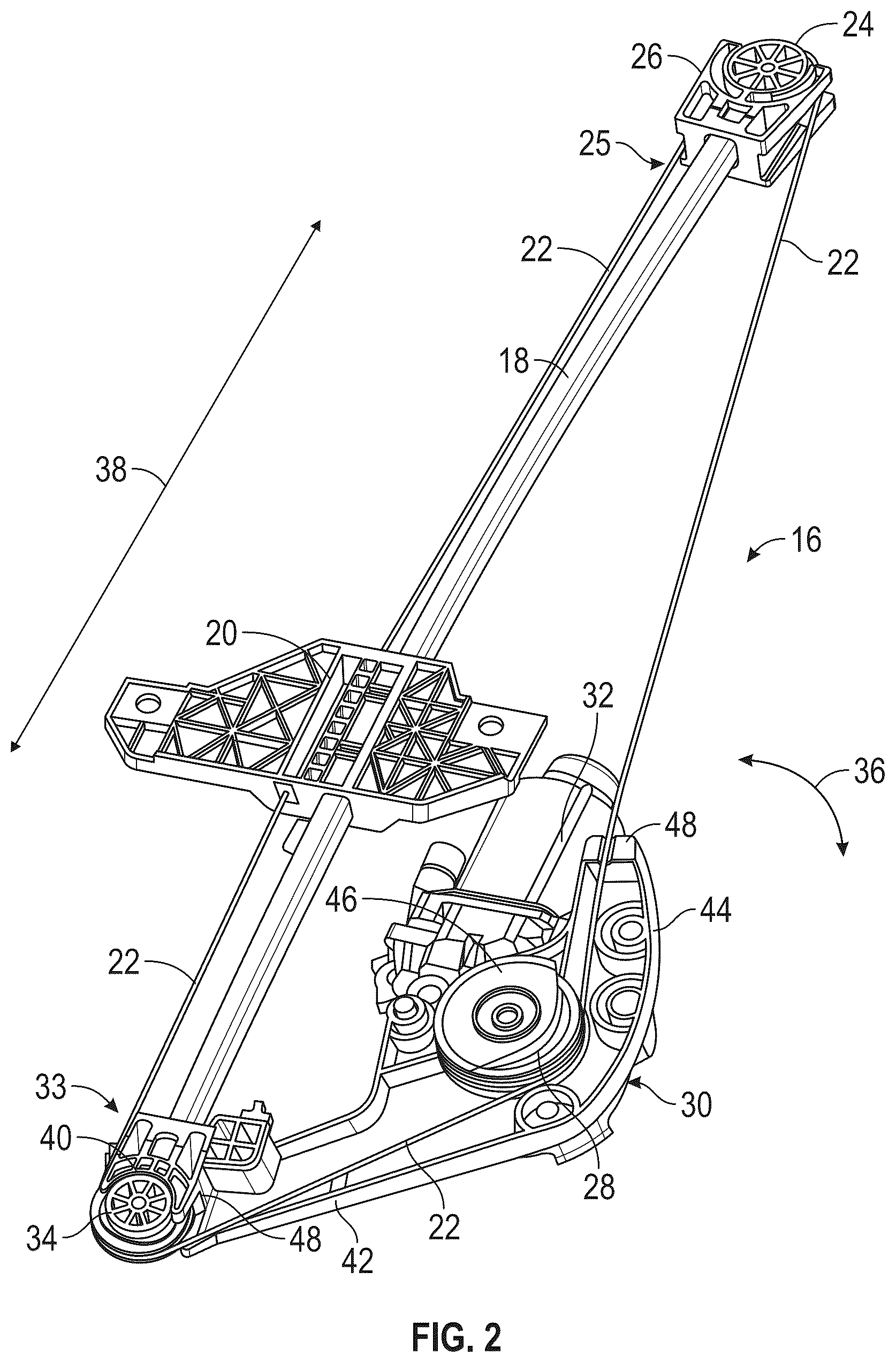Patent US12312848 Figure 2 – Window regulator with optimized motor configuration