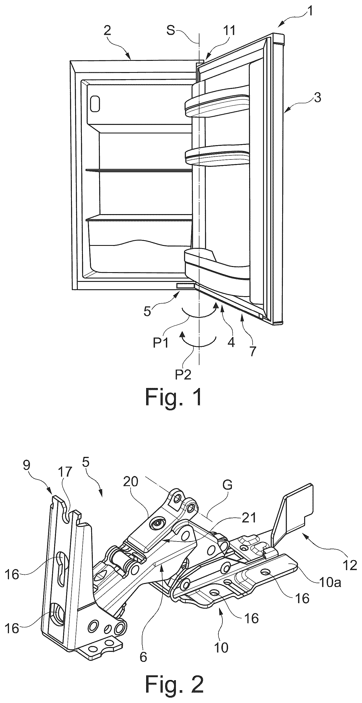Patent US12312849 Figure 1 – Hinge assembly and piece of furniture or domestic appliance