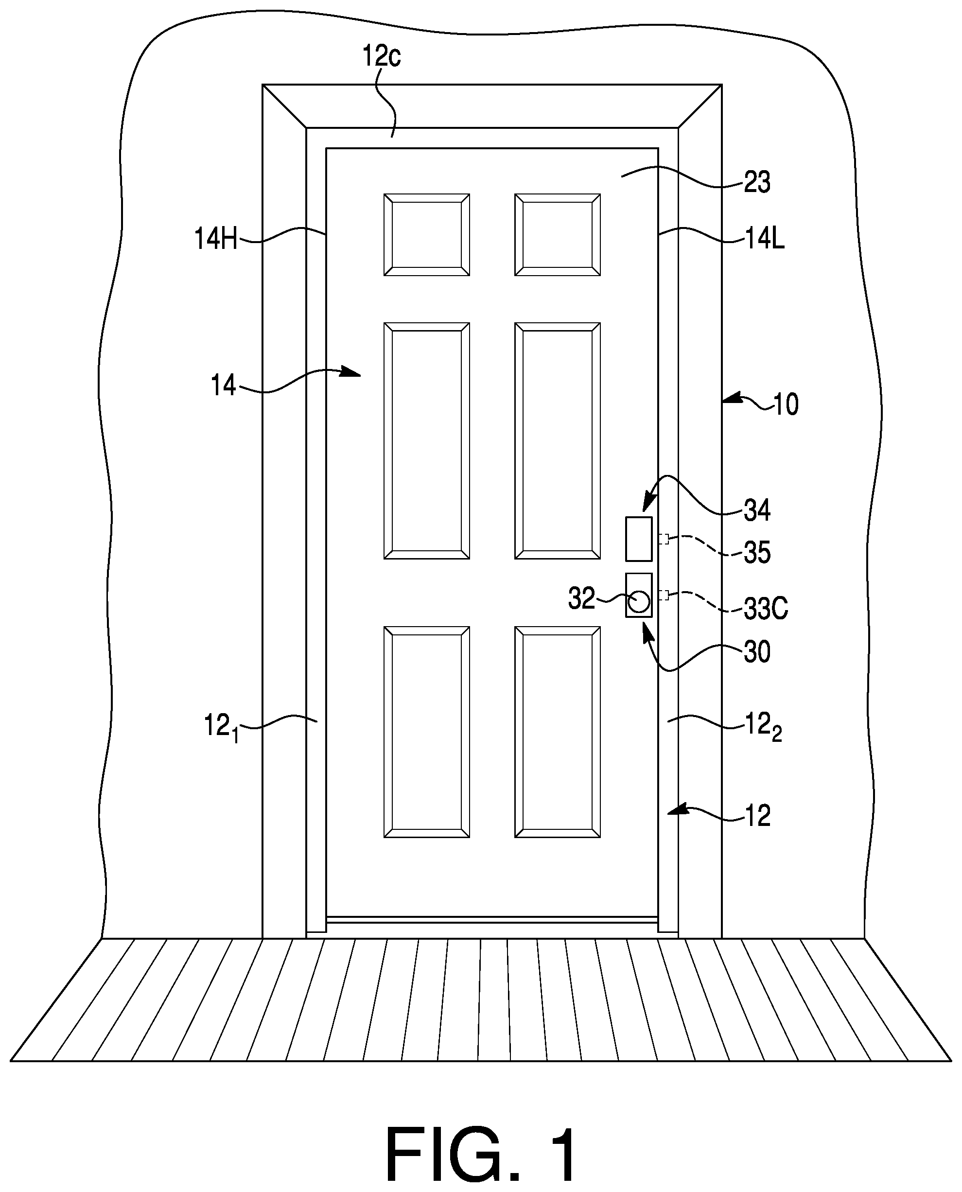 Patent US12312852 Figure 1 – Door assembly with high and low voltage electrical power supplies for integrated electric devices and methods of operating the door