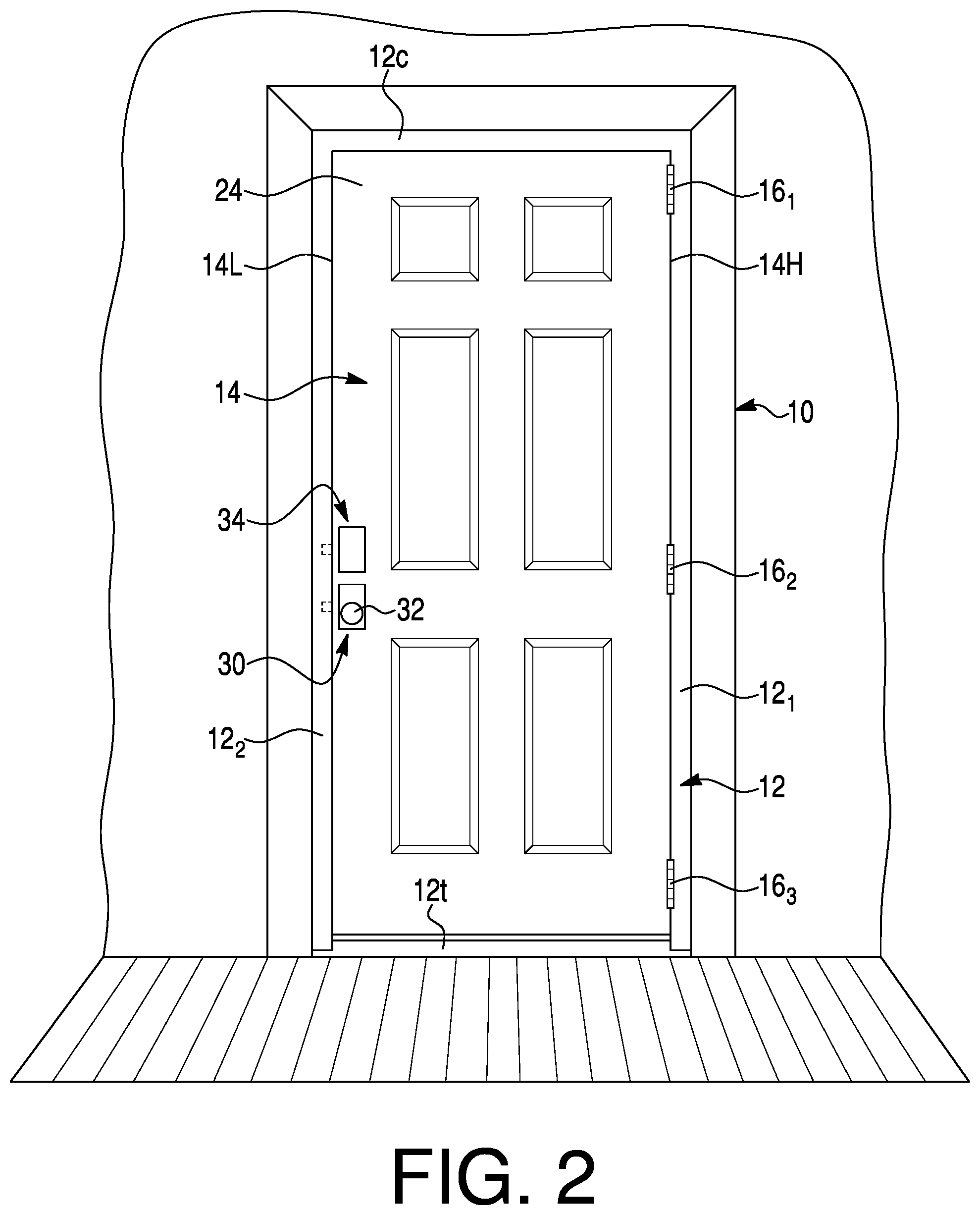 Patent US12312852 Figure 2 – Door assembly with high and low voltage electrical power supplies for integrated electric devices and methods of operating the door