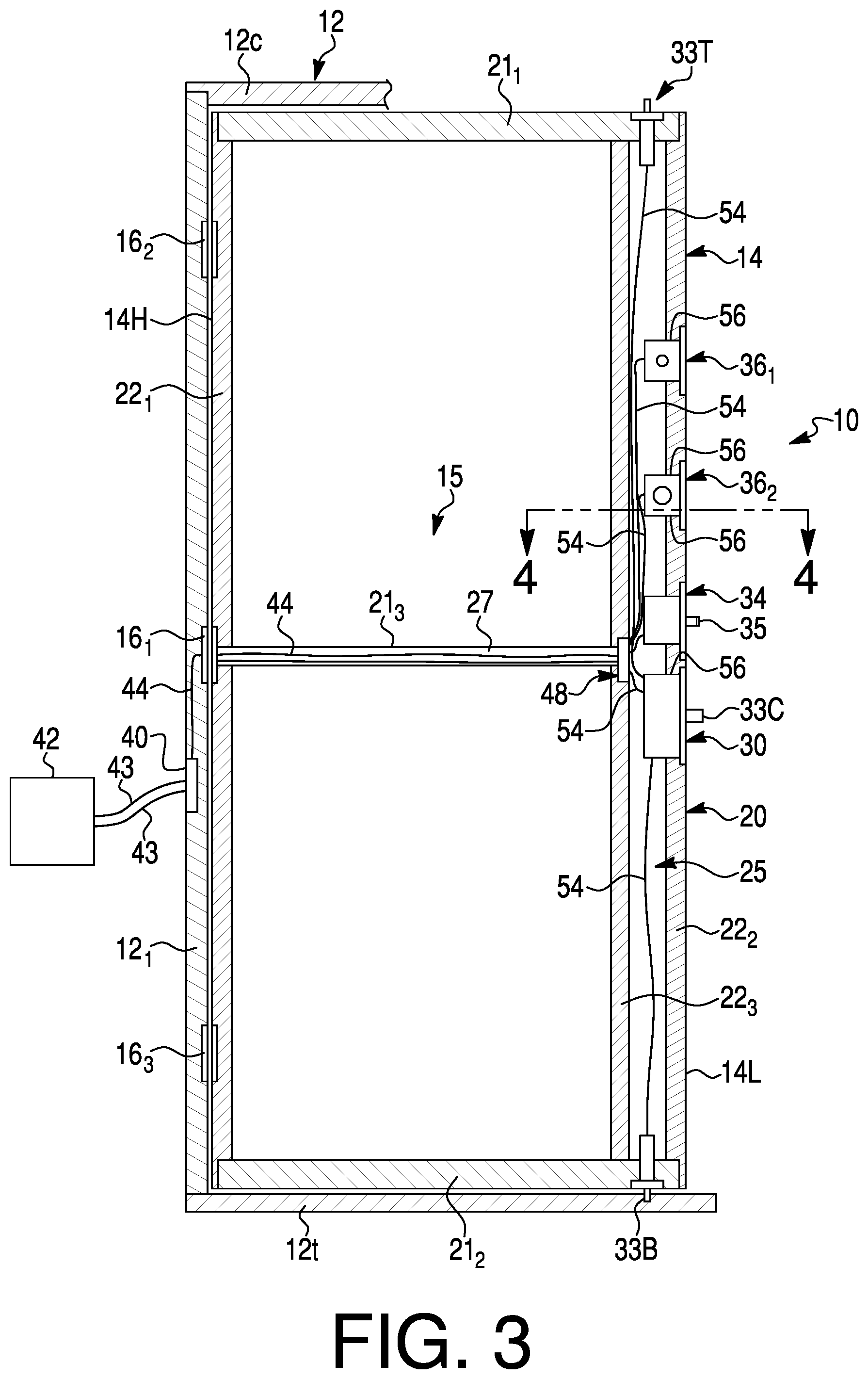 Patent US12312852 Figure 3 – Door assembly with high and low voltage electrical power supplies for integrated electric devices and methods of operating the door