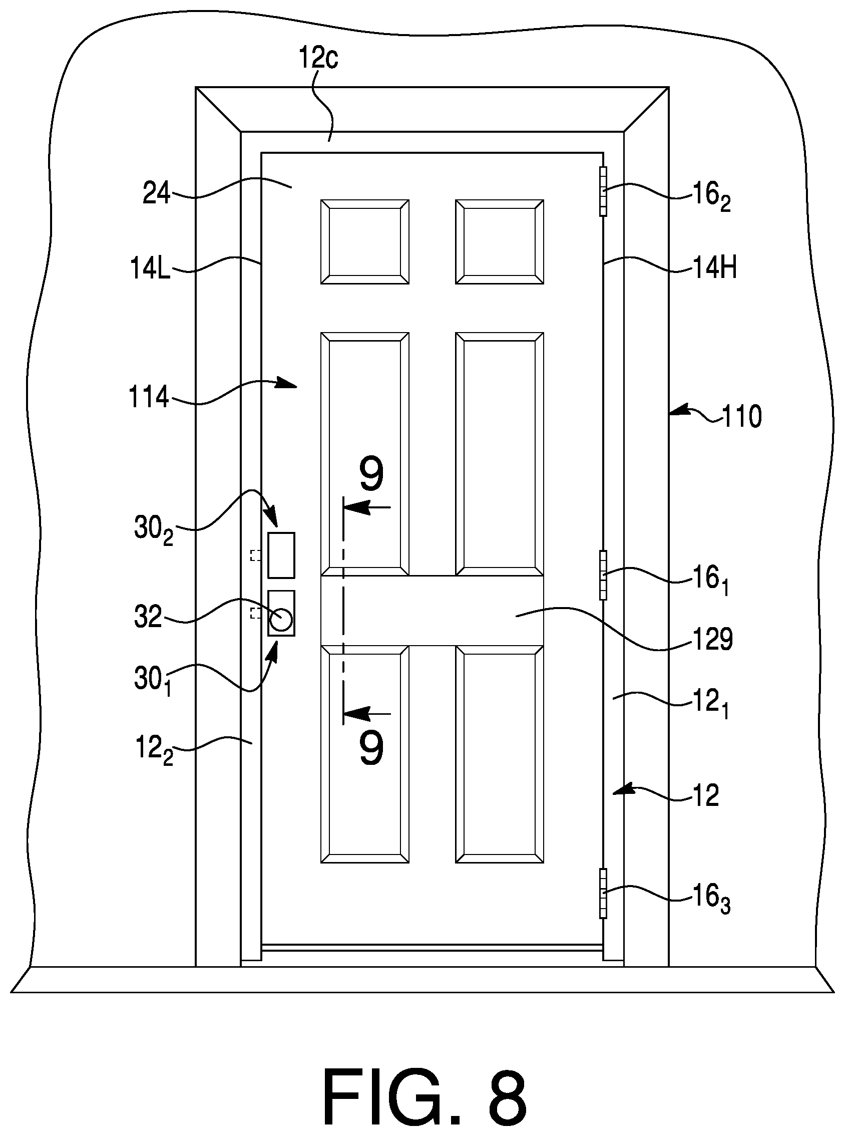 Patent US12312852 Figure 6 – Door assembly with high and low voltage electrical power supplies for integrated electric devices and methods of operating the door