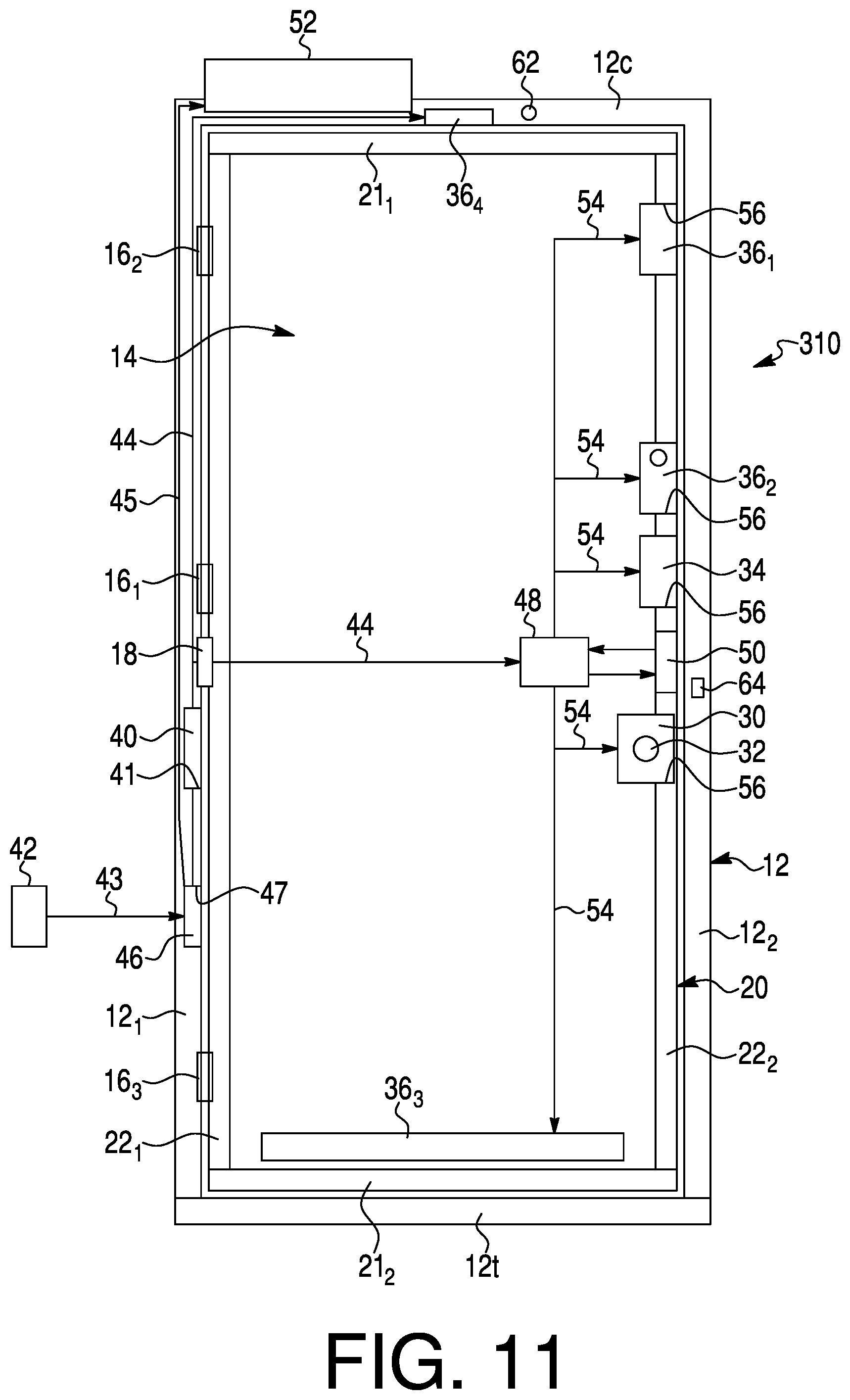 Patent US12312852 Figure 9 – Door assembly with high and low voltage electrical power supplies for integrated electric devices and methods of operating the door