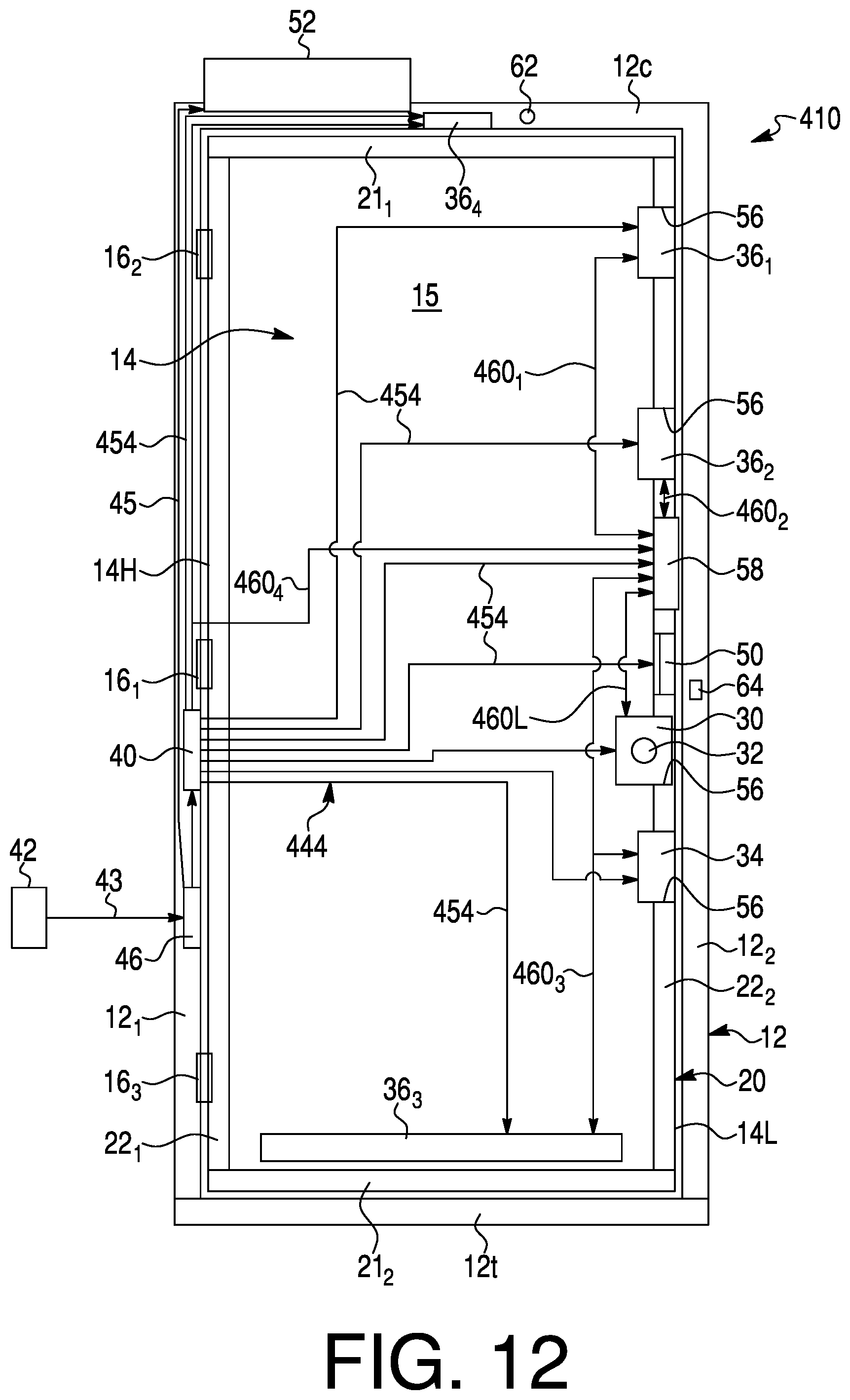 Patent US12312852 Figure 10 – Door assembly with high and low voltage electrical power supplies for integrated electric devices and methods of operating the door