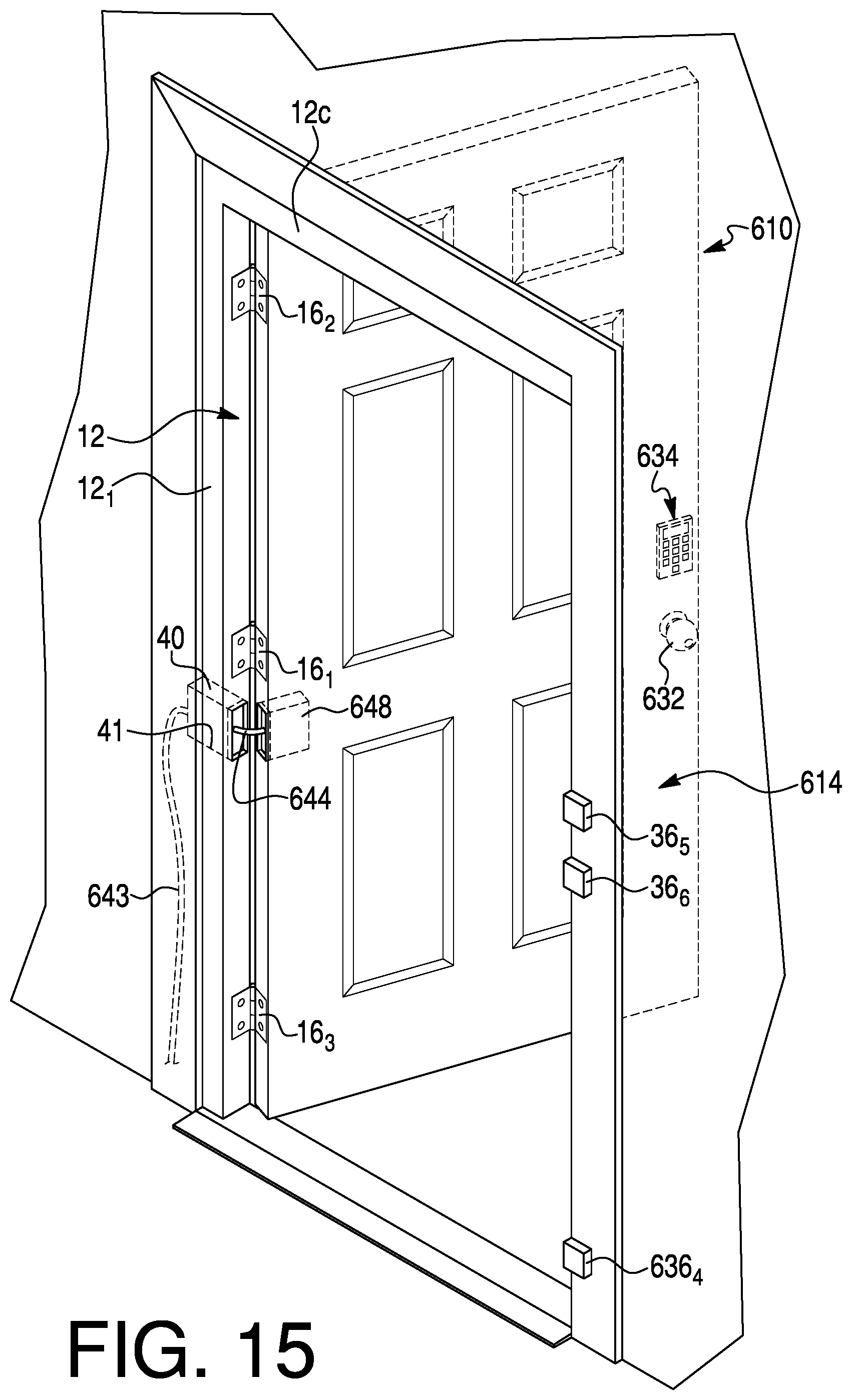 Patent US12312852 Figure 13 – Door assembly with high and low voltage electrical power supplies for integrated electric devices and methods of operating the door