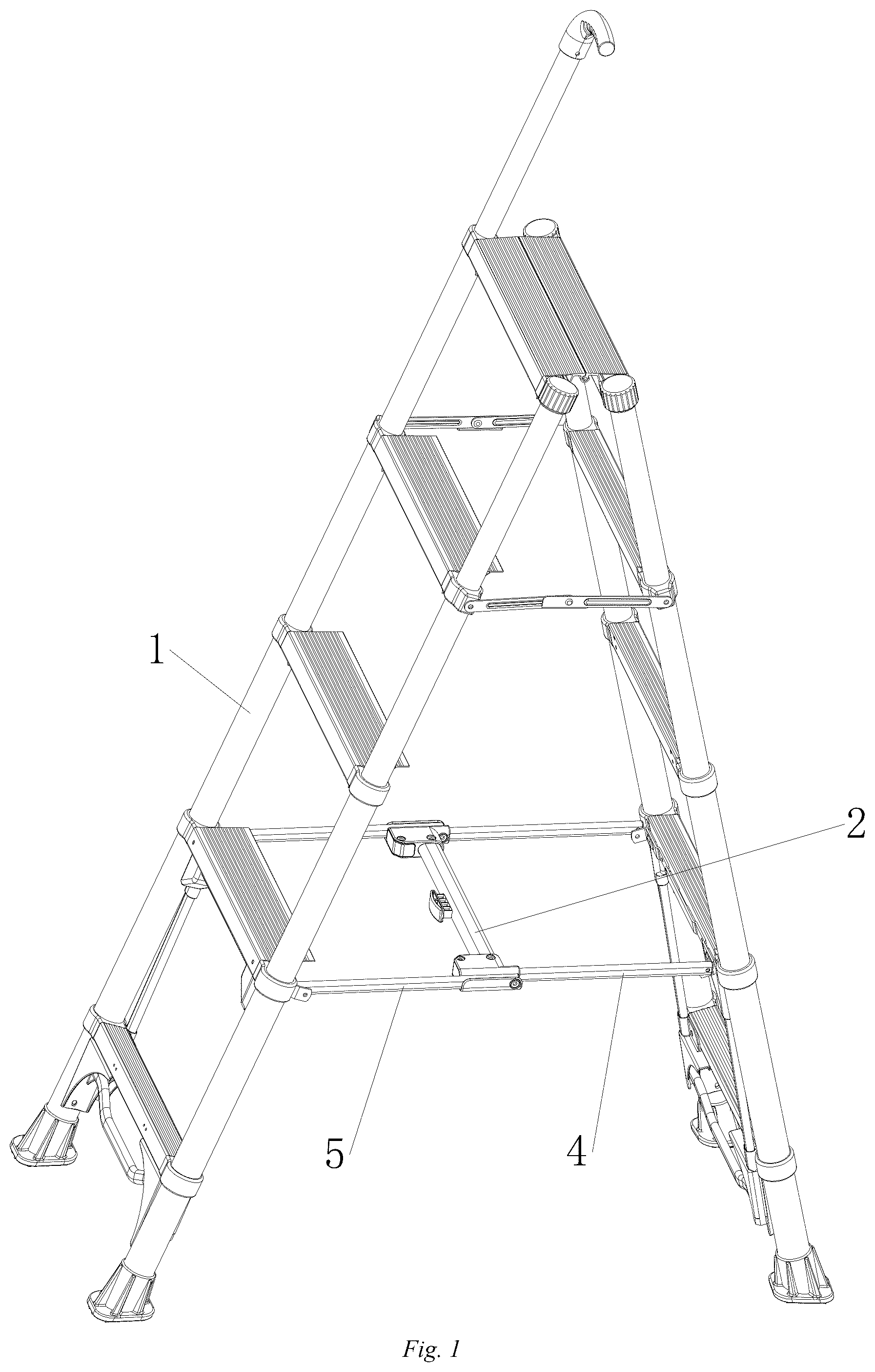 Patent US12312864 Figure 1 – Connecting rod stabilizing structure for herringbone ladder