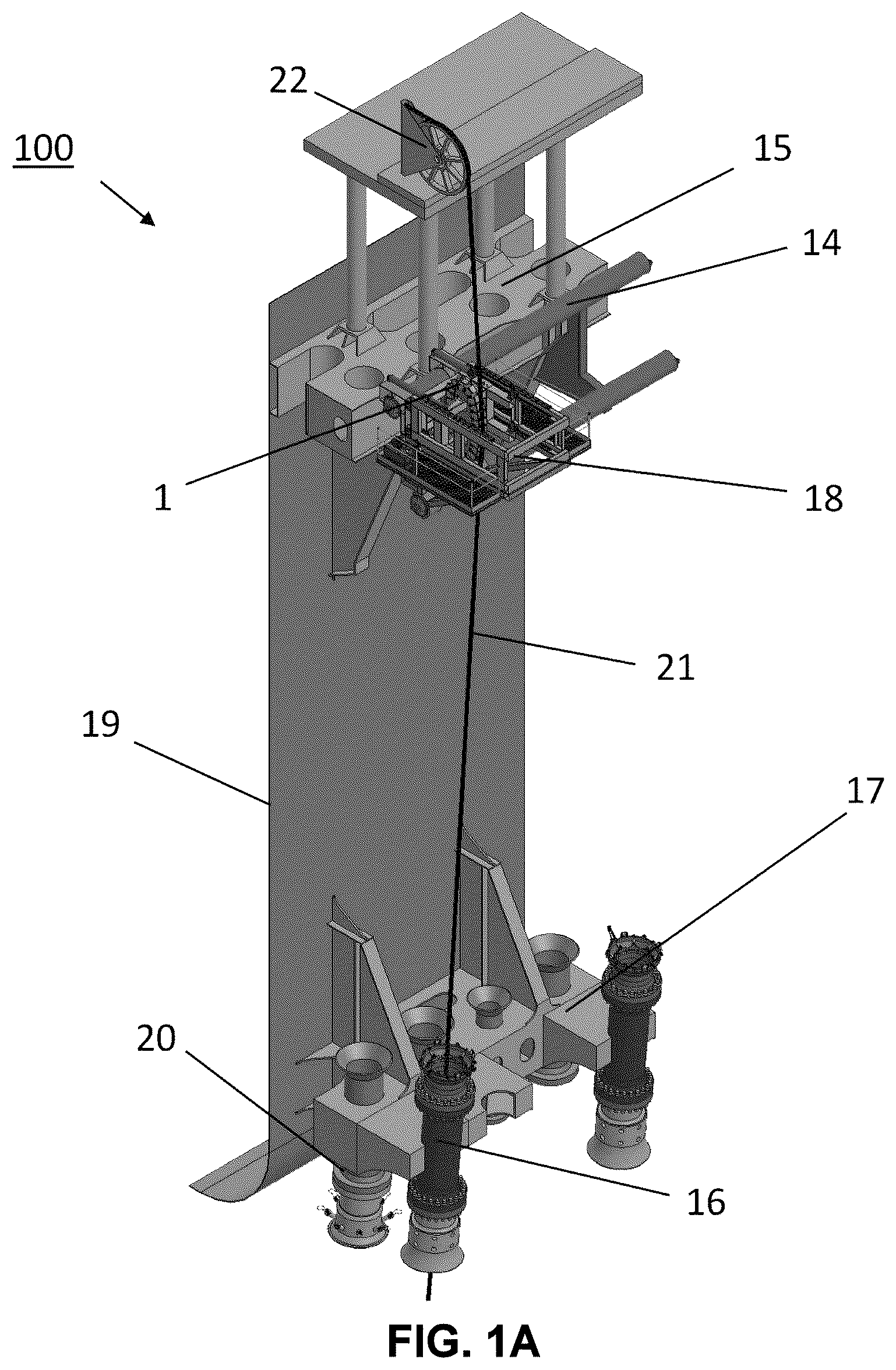 Patent US12312880 Figure 1 – Pull-in system and method of keelhauling rigid risers using a deflector device and double layer support tube