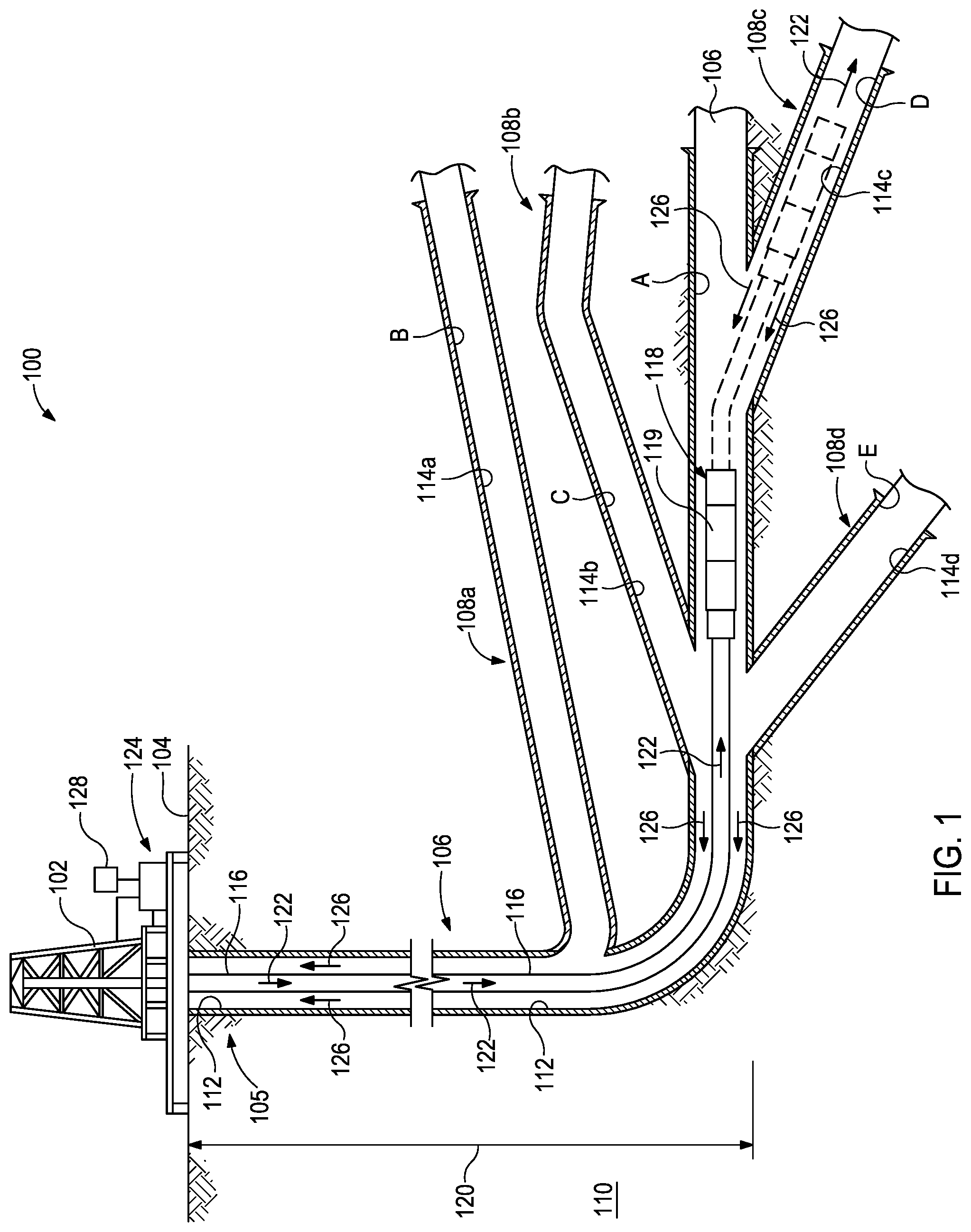 Patent US12312945 Figure 1 – System and method for wellbore identification in multi-lateral wellbores