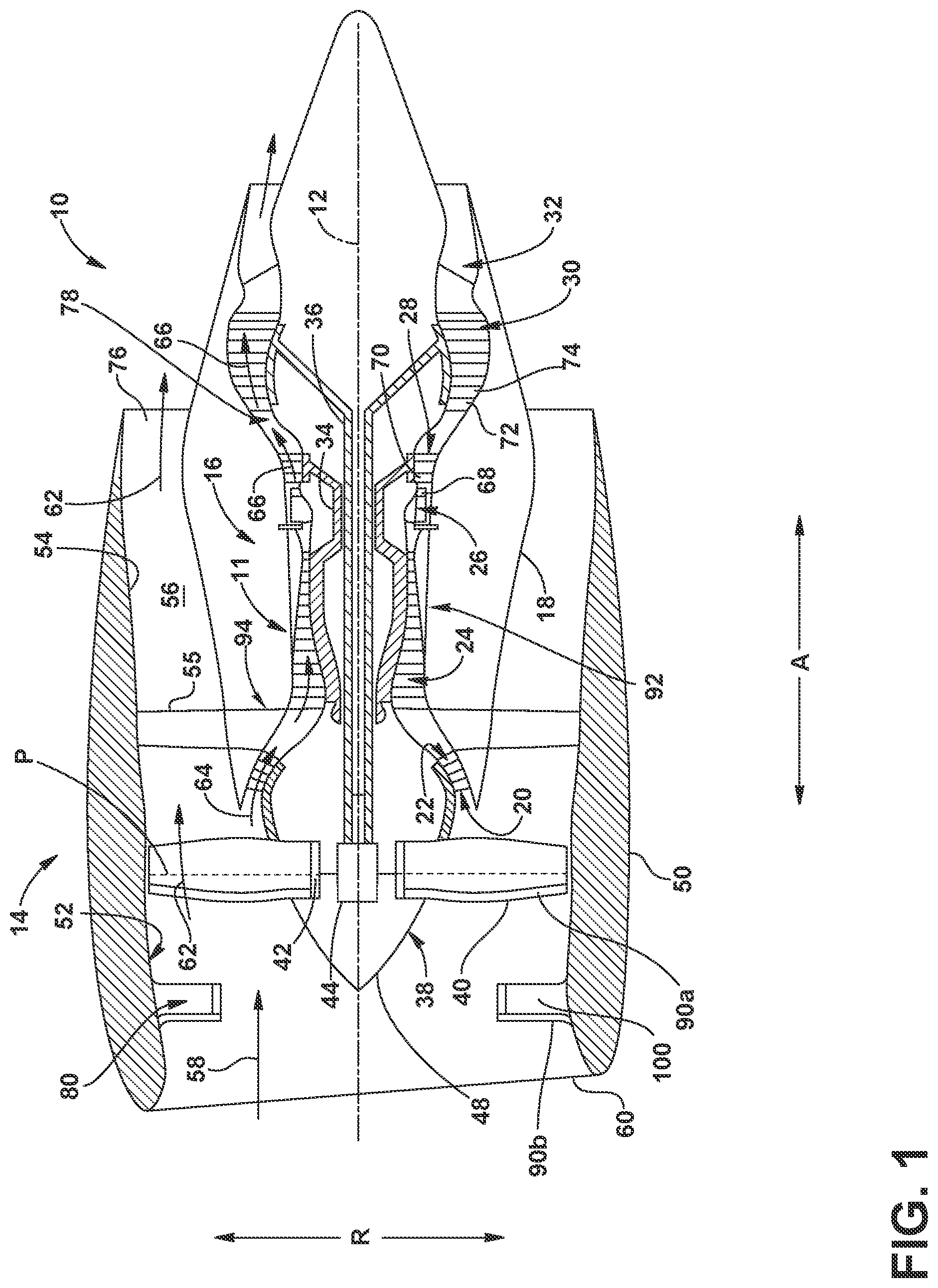 Patent US12312977 Figure 1 – Turbine engine with a primary stage of airfoils and a subsidiary stage of airfoils
