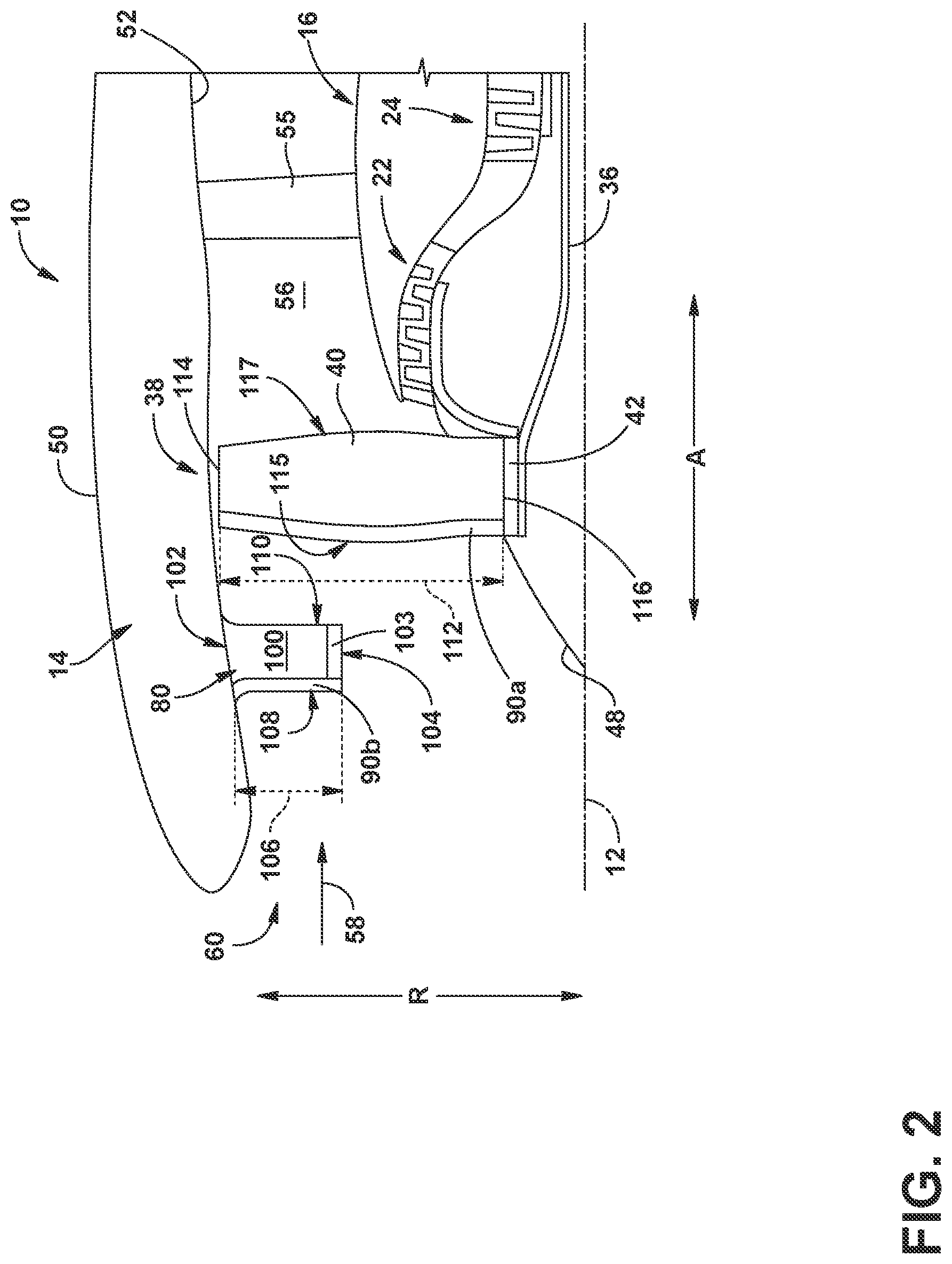 Patent US12312977 Figure 2 – Turbine engine with a primary stage of airfoils and a subsidiary stage of airfoils