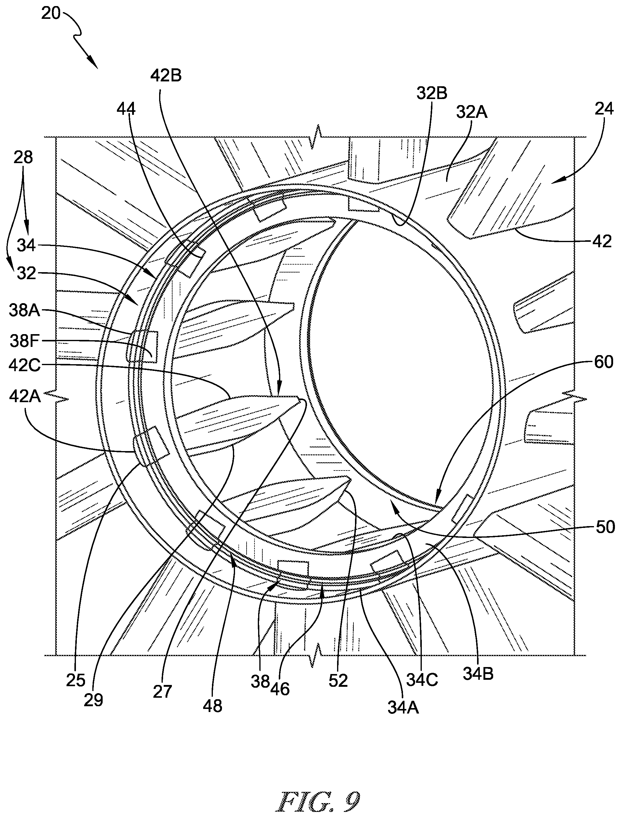Patent US12312979 Figure 9 – Retainer rings for vane assemblies used in gas turbine engines