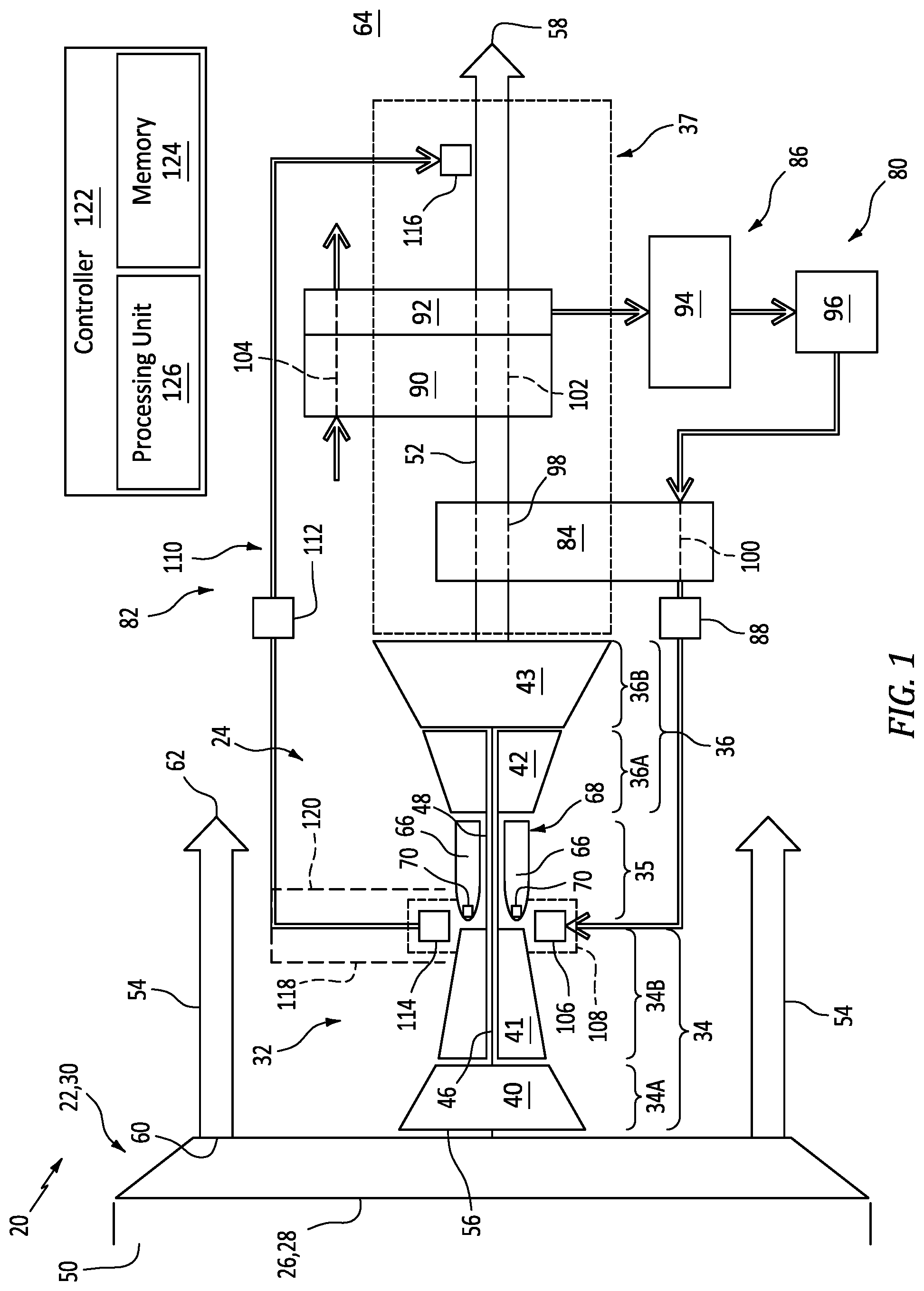 Patent US12312996 — Aircraft powerplant with steam system and bypass — Figure 1