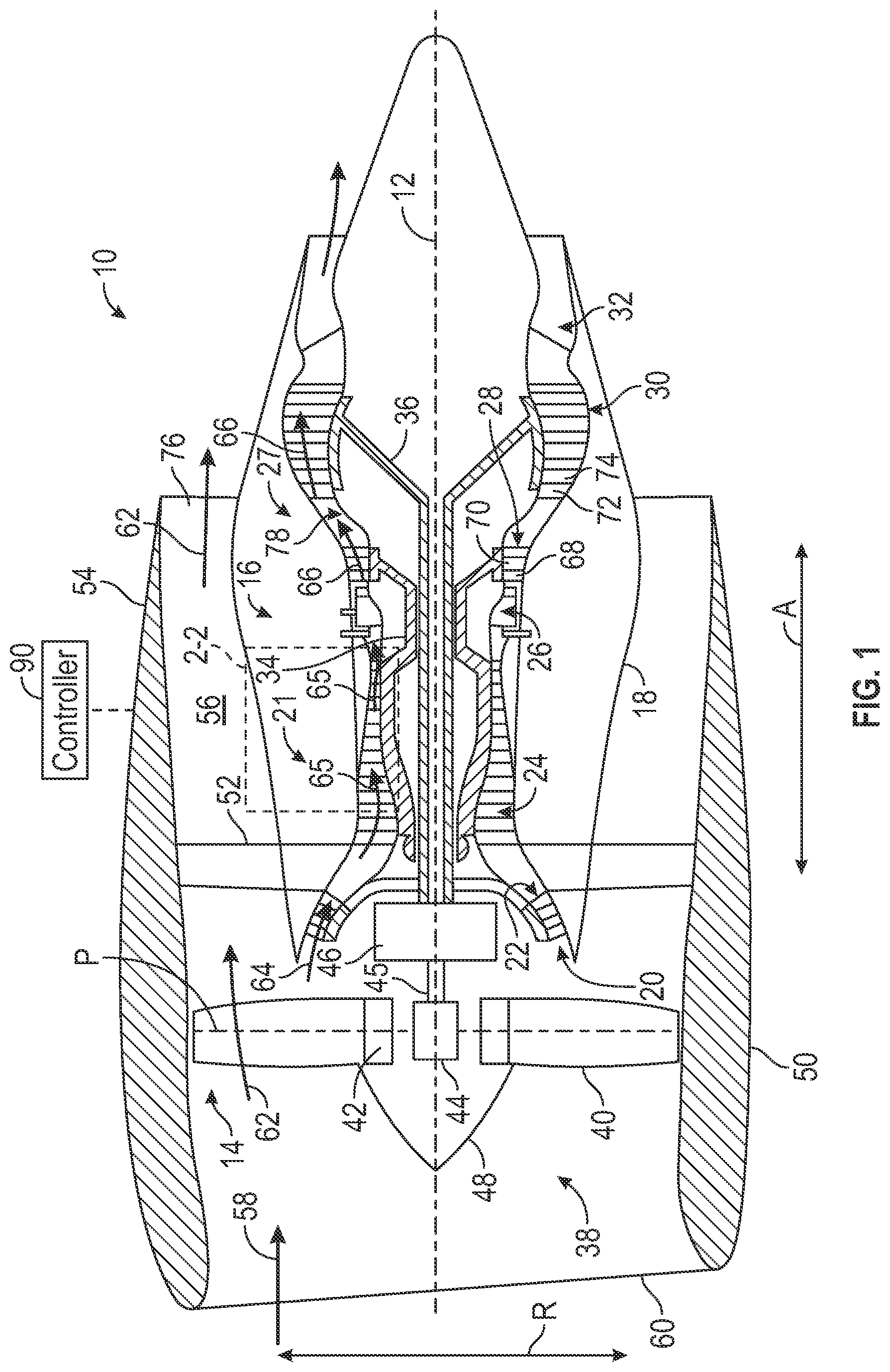 Patent US12312997 Figure 1 – Turbine engine having a bleed system