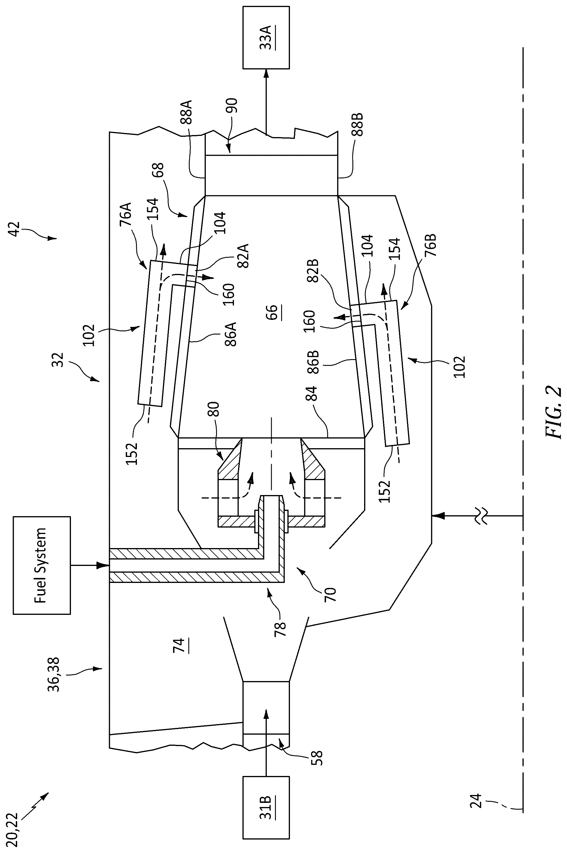 Patent US12313000 Figure 2 – Separating airflows within a turbine engine