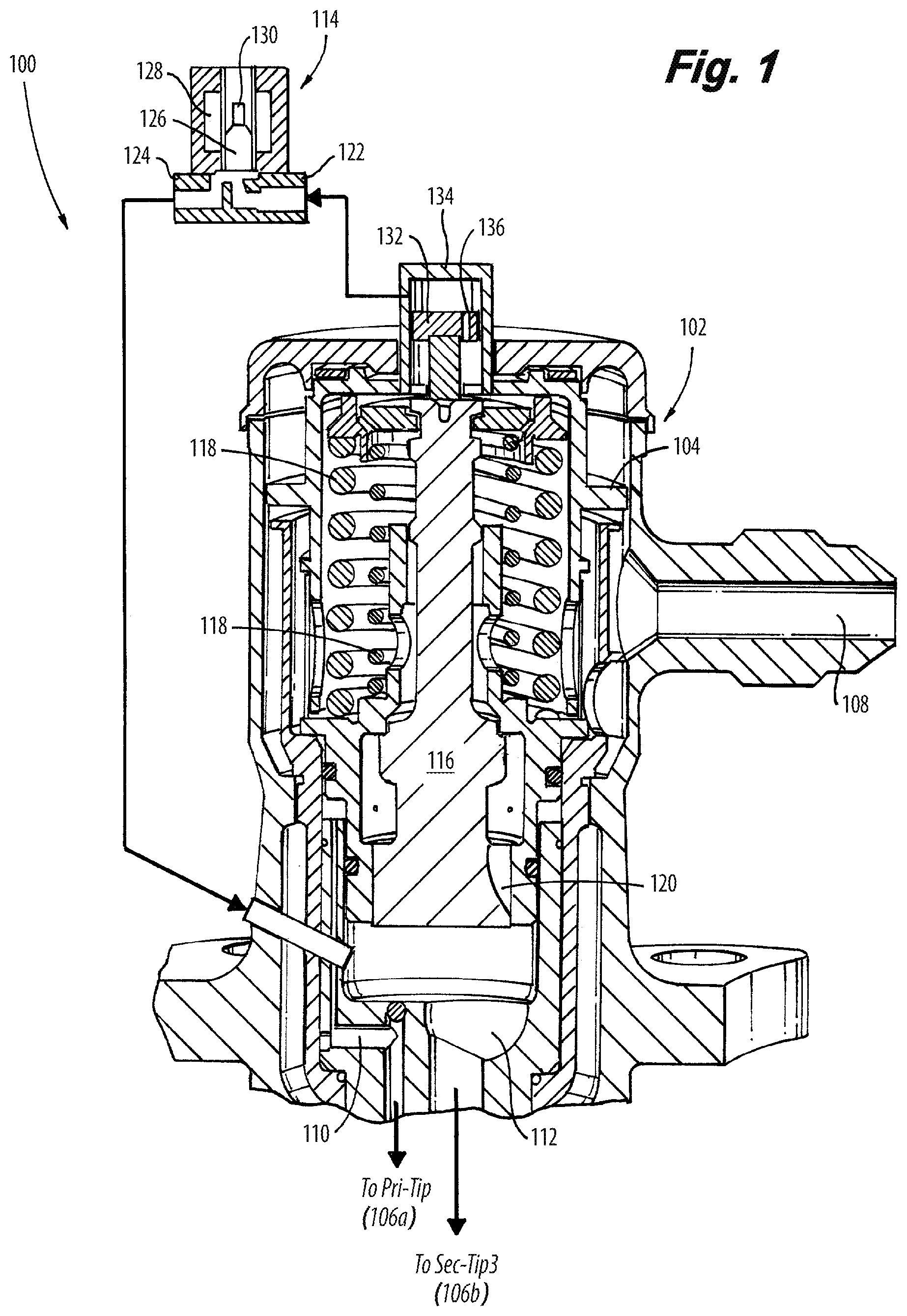 Patent US12313004 Figure 1 – Proportional force modification of passive spool for control of secondary nozzle circuits