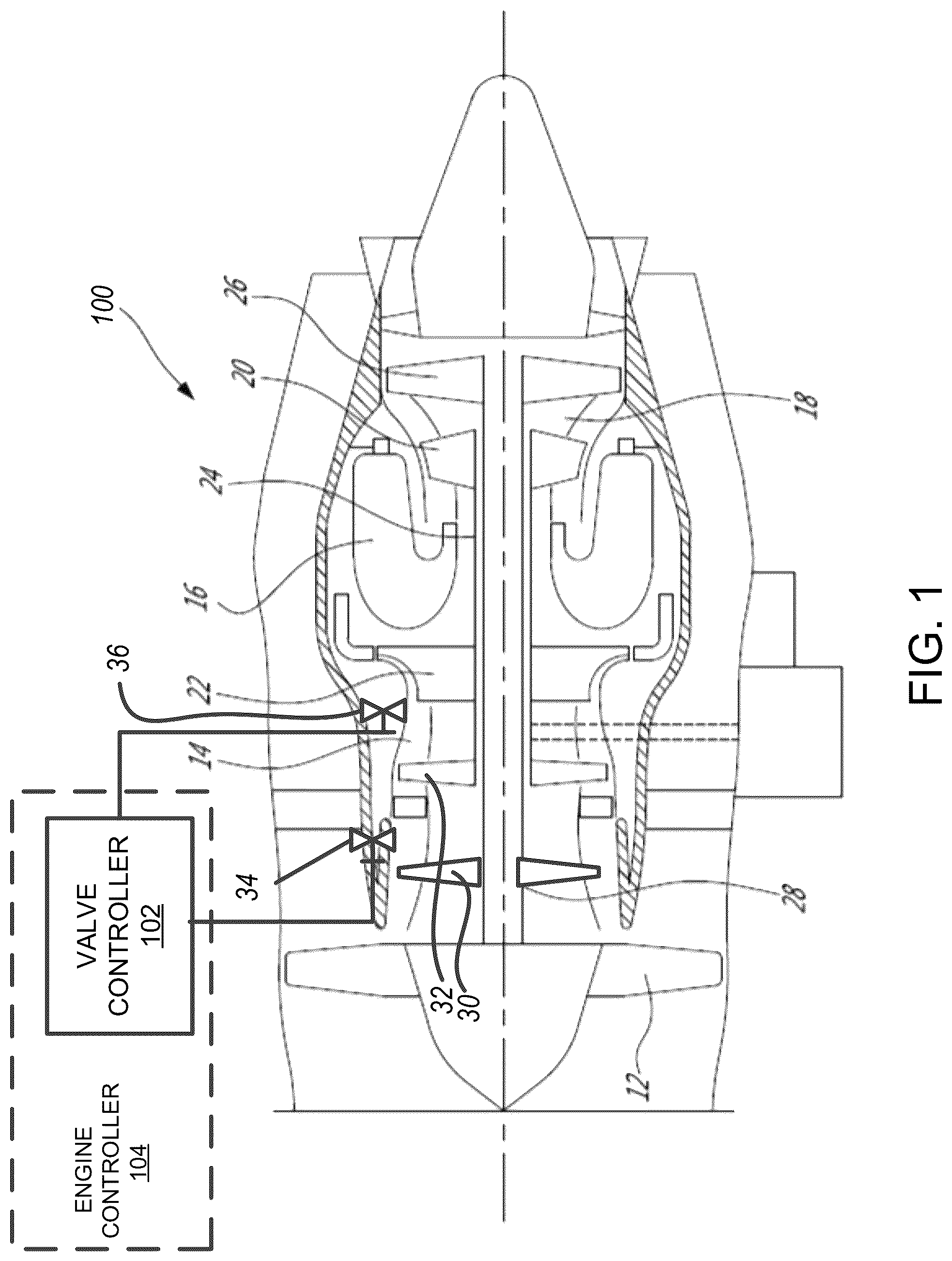 Patent US12313010 Figure 1 – Systems and methods for adjusting a modulation characteristic of a bleed-off valve of a gas turbine engine