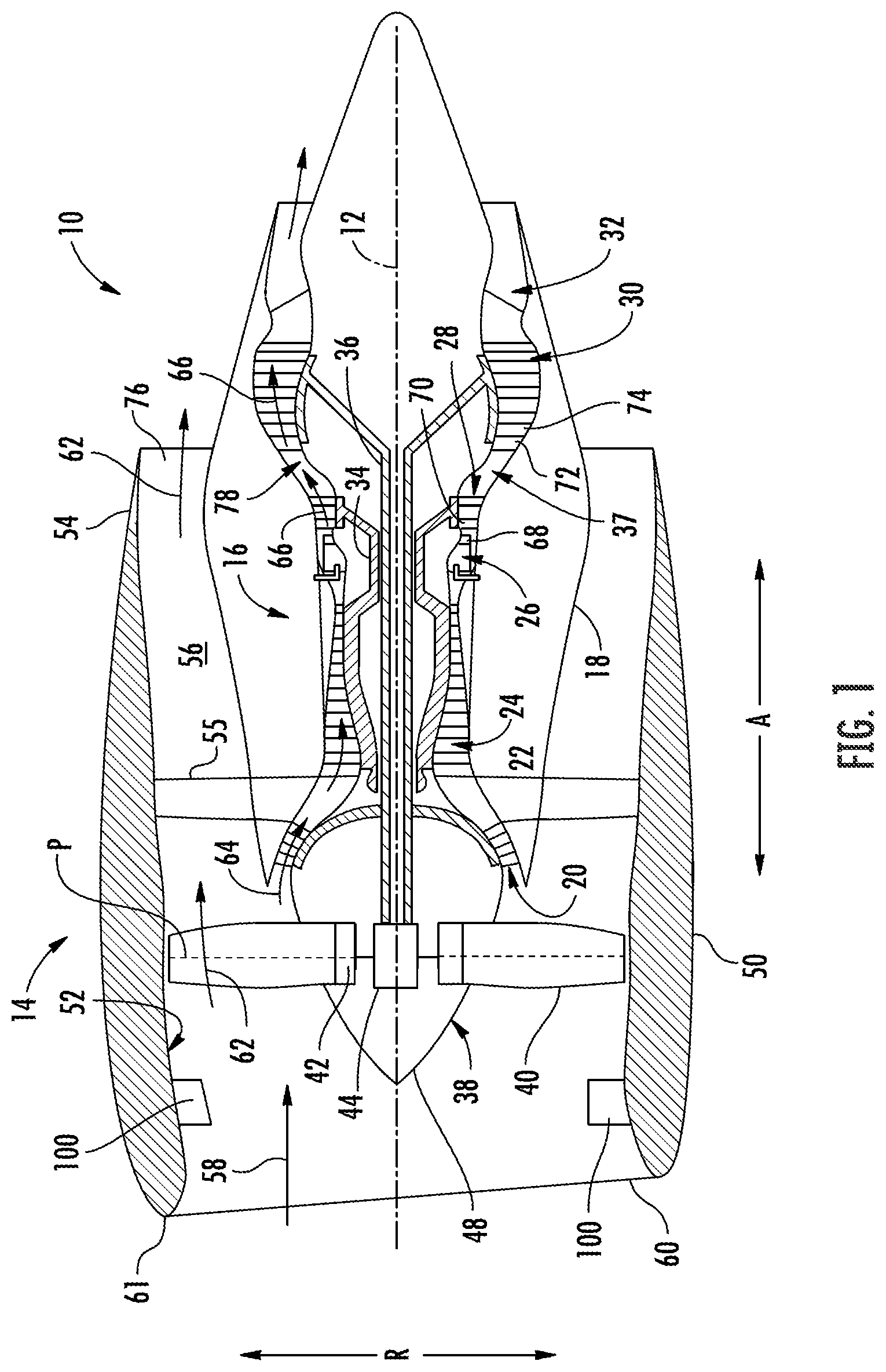 Patent US12313021 Figure 1 – Outer nacelle with inlet guide vanes and acoustic treatment