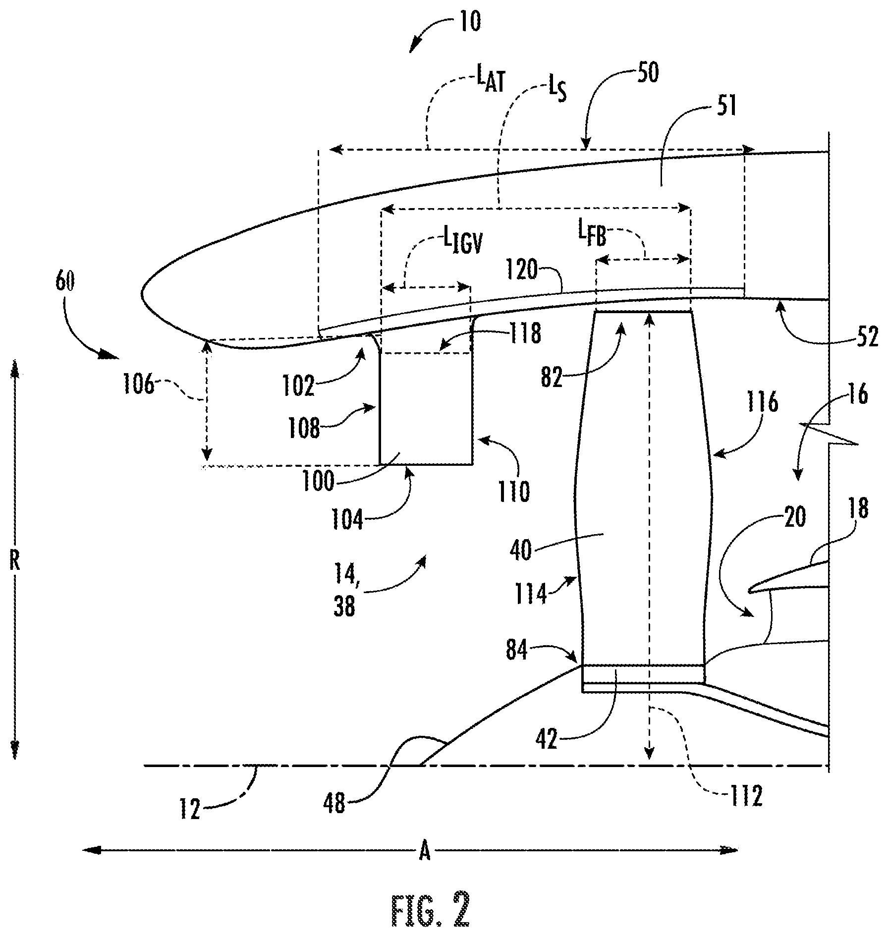 Patent US12313021 Figure 2 – Outer nacelle with inlet guide vanes and acoustic treatment