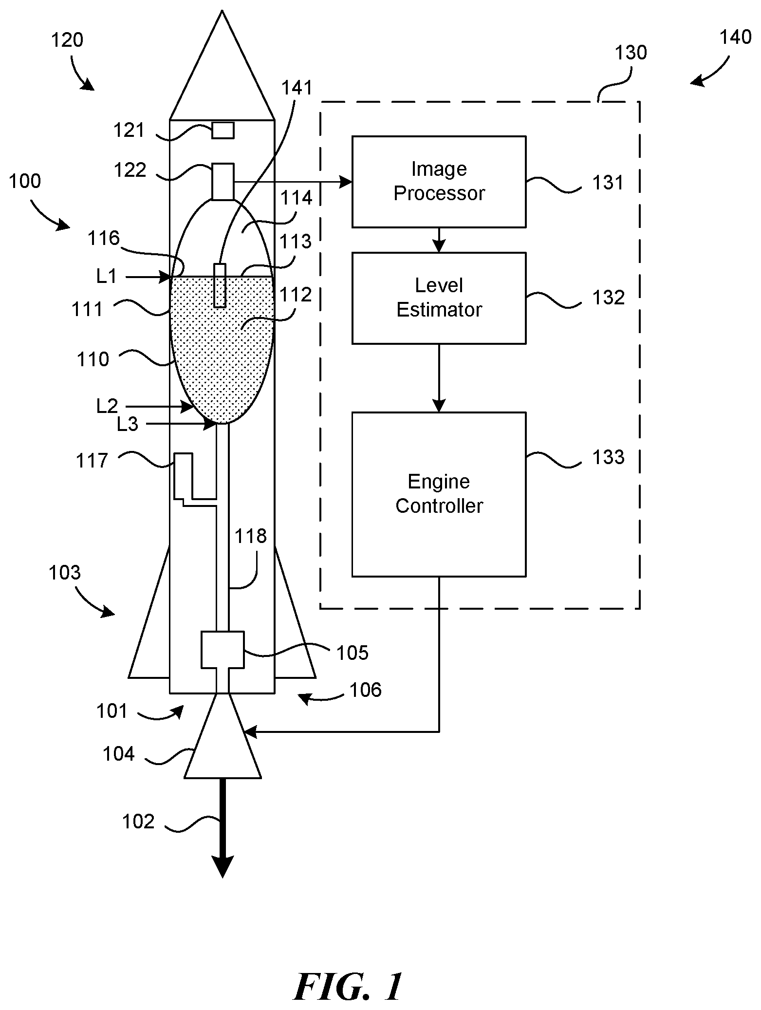 Patent US12313025 Figure 1 – Rocket tank liquid level determination, and associated systems and methods