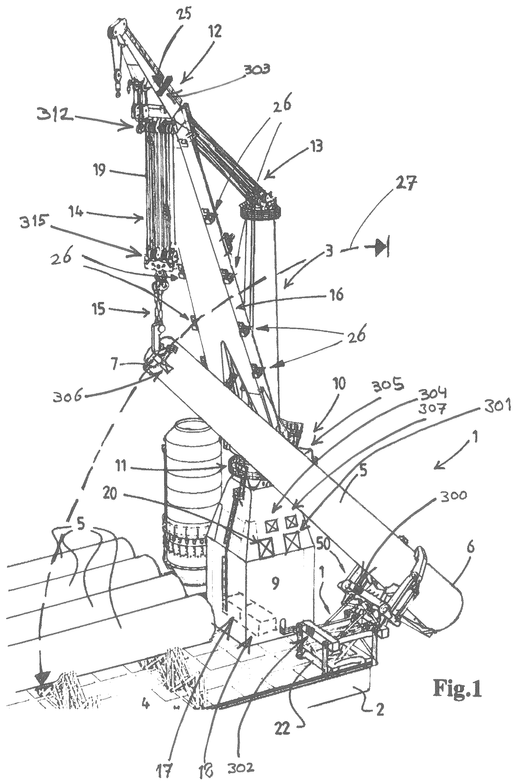 Patent US12313035 Figure 1 – Offshore vessel, preferably an offshore wind turbine installation vessel, a crane for providing such a vessel, and a method for using such a crane, preferably for upending a monopile