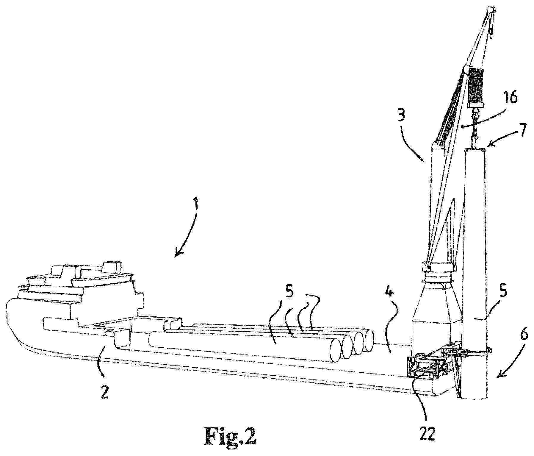 Patent US12313035 Figure 2 – Offshore vessel, preferably an offshore wind turbine installation vessel, a crane for providing such a vessel, and a method for using such a crane, preferably for upending a monopile