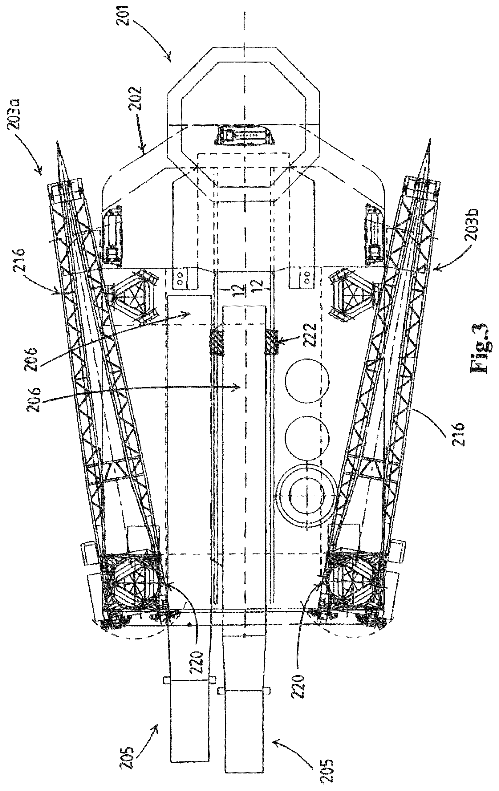 Patent US12313035 Figure 3 – Offshore vessel, preferably an offshore wind turbine installation vessel, a crane for providing such a vessel, and a method for using such a crane, preferably for upending a monopile