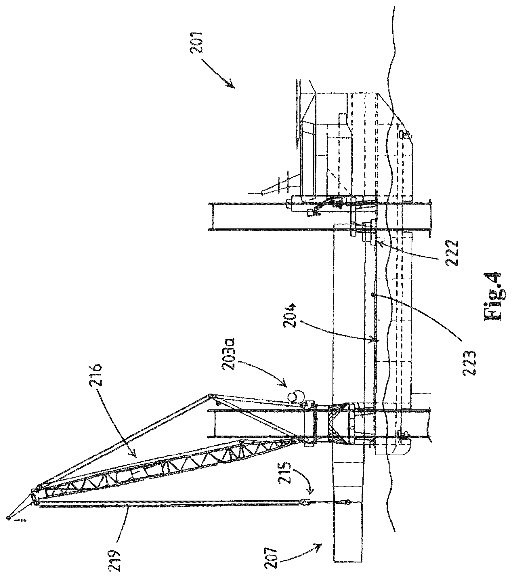Patent US12313035 Figure 4 – Offshore vessel, preferably an offshore wind turbine installation vessel, a crane for providing such a vessel, and a method for using such a crane, preferably for upending a monopile