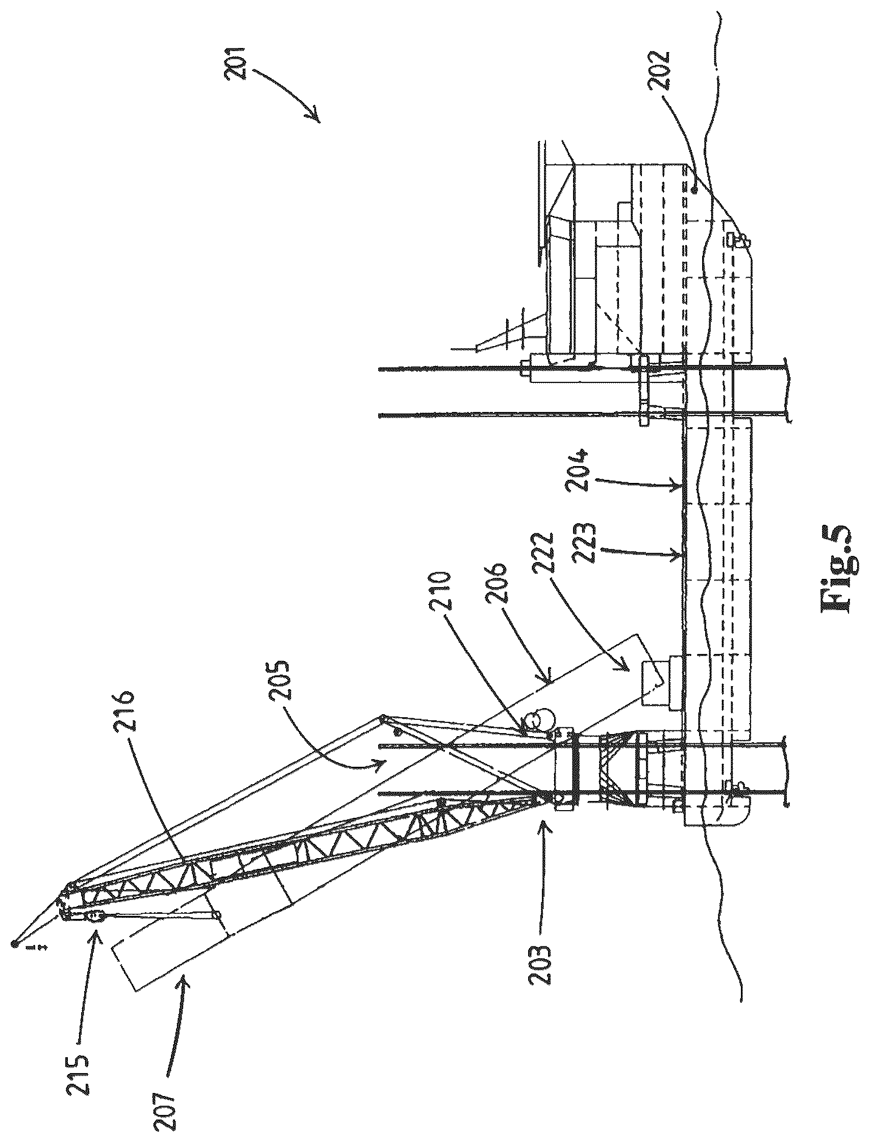 Patent US12313035 Figure 5 – Offshore vessel, preferably an offshore wind turbine installation vessel, a crane for providing such a vessel, and a method for using such a crane, preferably for upending a monopile