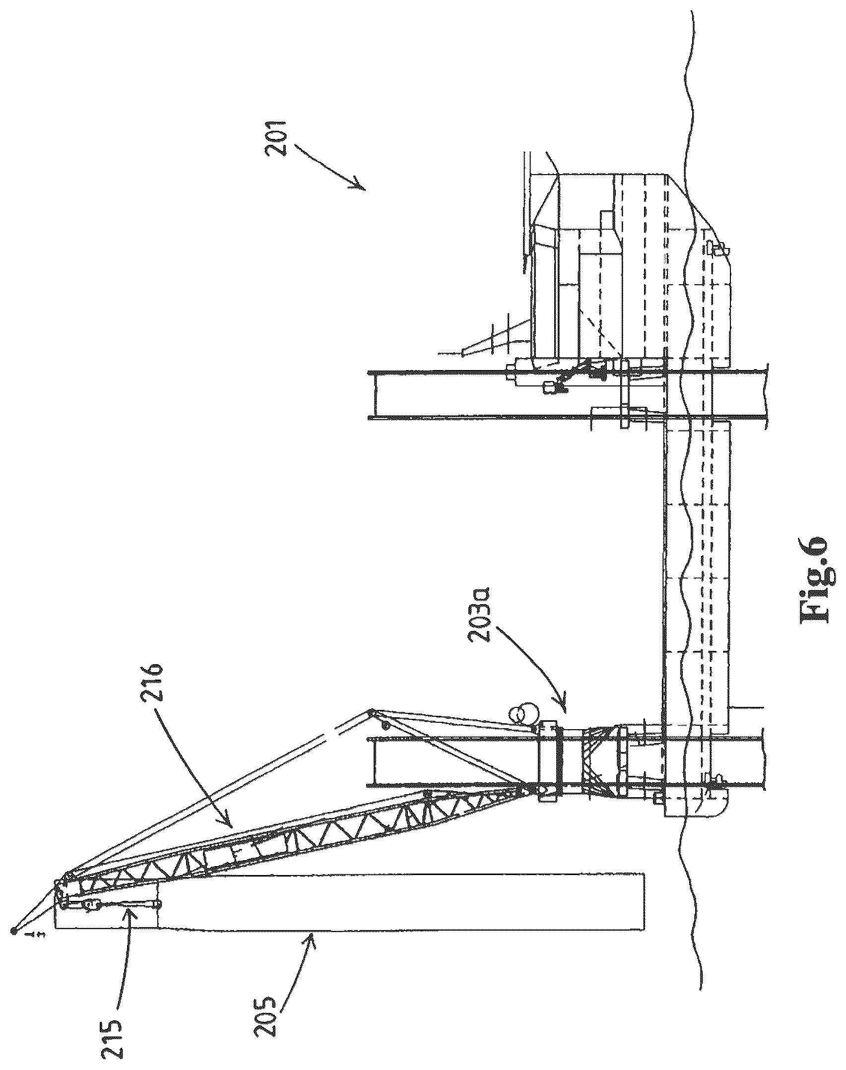 Patent US12313035 Figure 6 – Offshore vessel, preferably an offshore wind turbine installation vessel, a crane for providing such a vessel, and a method for using such a crane, preferably for upending a monopile