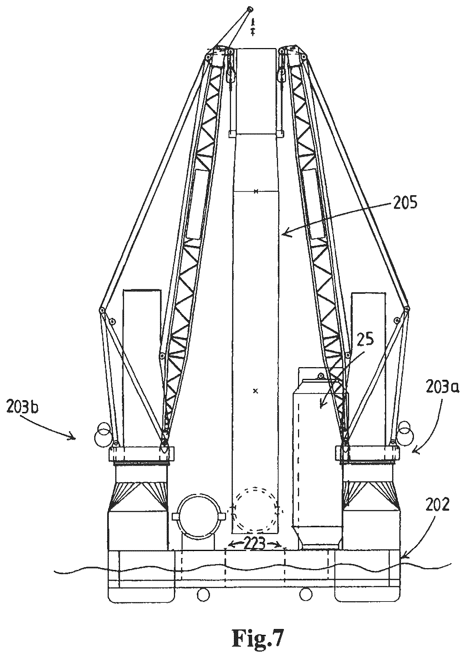 Patent US12313035 Figure 7 – Offshore vessel, preferably an offshore wind turbine installation vessel, a crane for providing such a vessel, and a method for using such a crane, preferably for upending a monopile