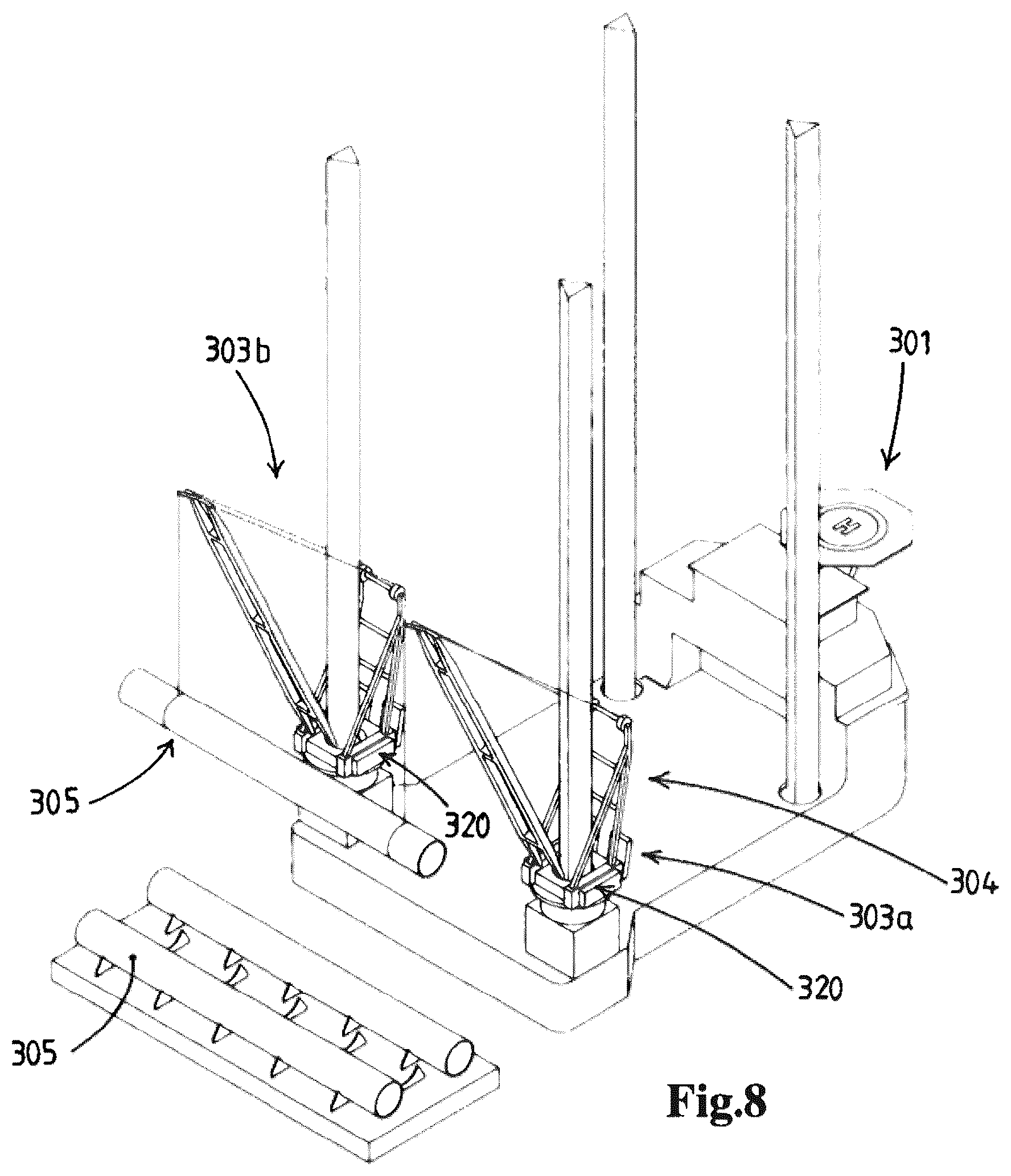 Patent US12313035 Figure 8 – Offshore vessel, preferably an offshore wind turbine installation vessel, a crane for providing such a vessel, and a method for using such a crane, preferably for upending a monopile