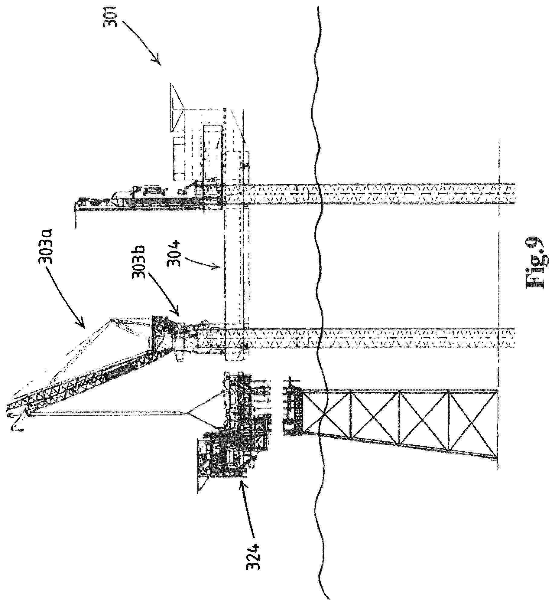 Patent US12313035 Figure 9 – Offshore vessel, preferably an offshore wind turbine installation vessel, a crane for providing such a vessel, and a method for using such a crane, preferably for upending a monopile