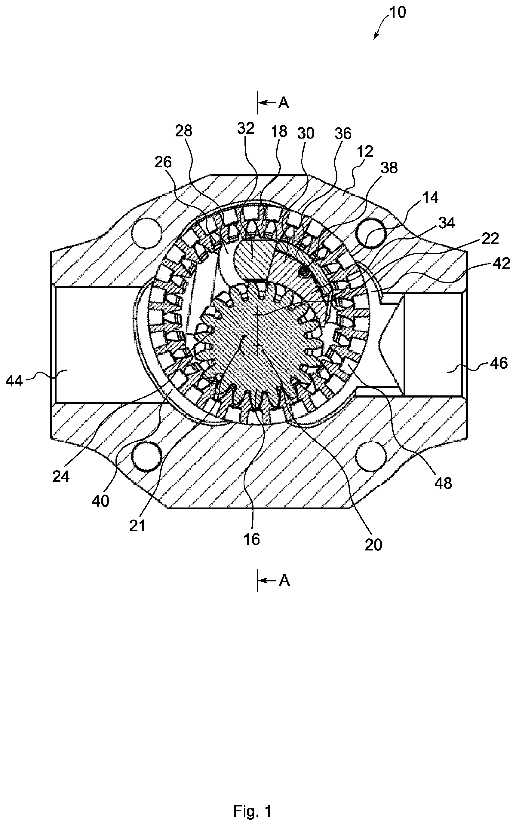 Patent US12313068 Figure 1 – Internal gear machine with helical toothing