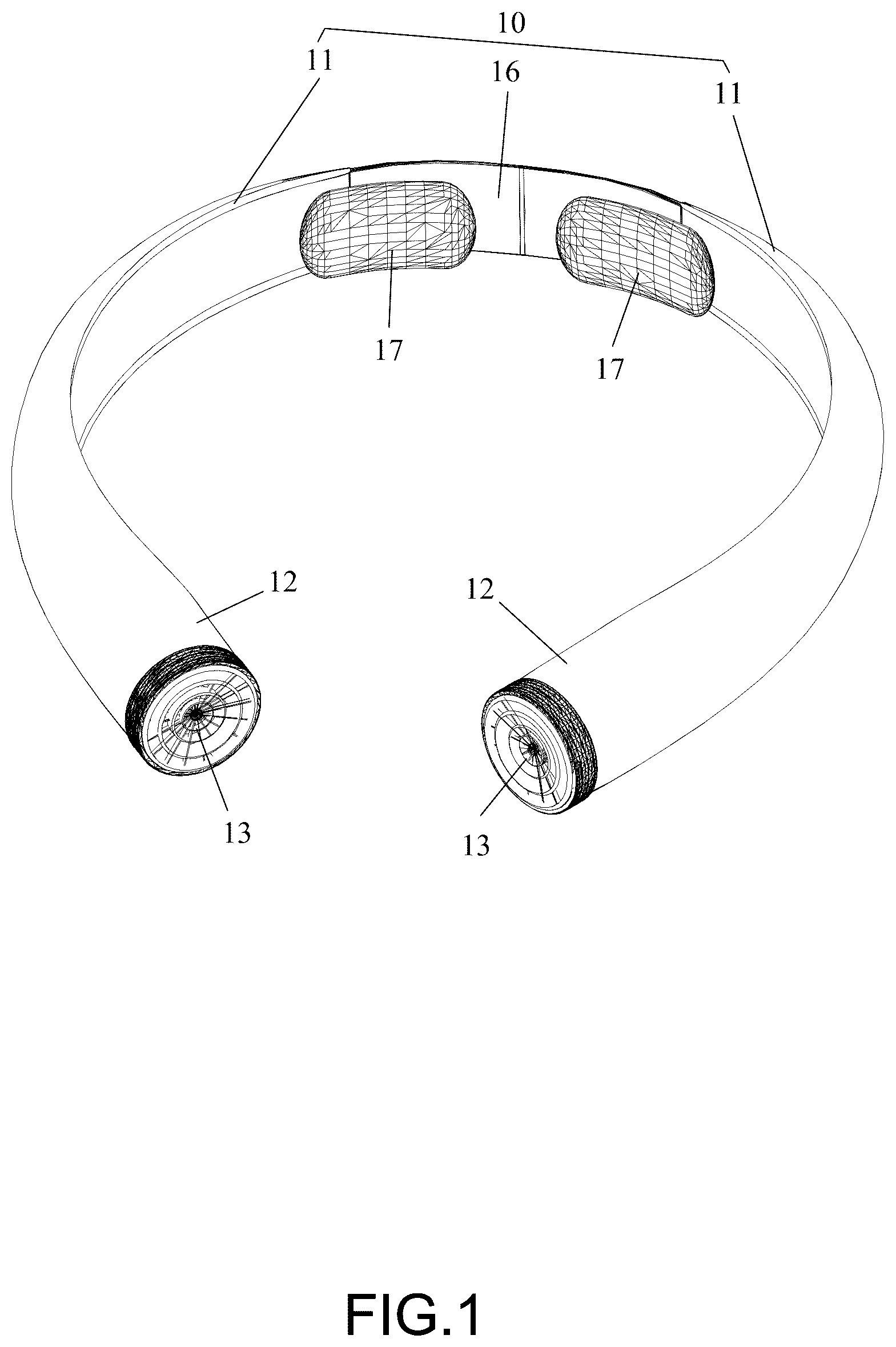 Patent US12313084 Figure 1 – Neck hanging fan