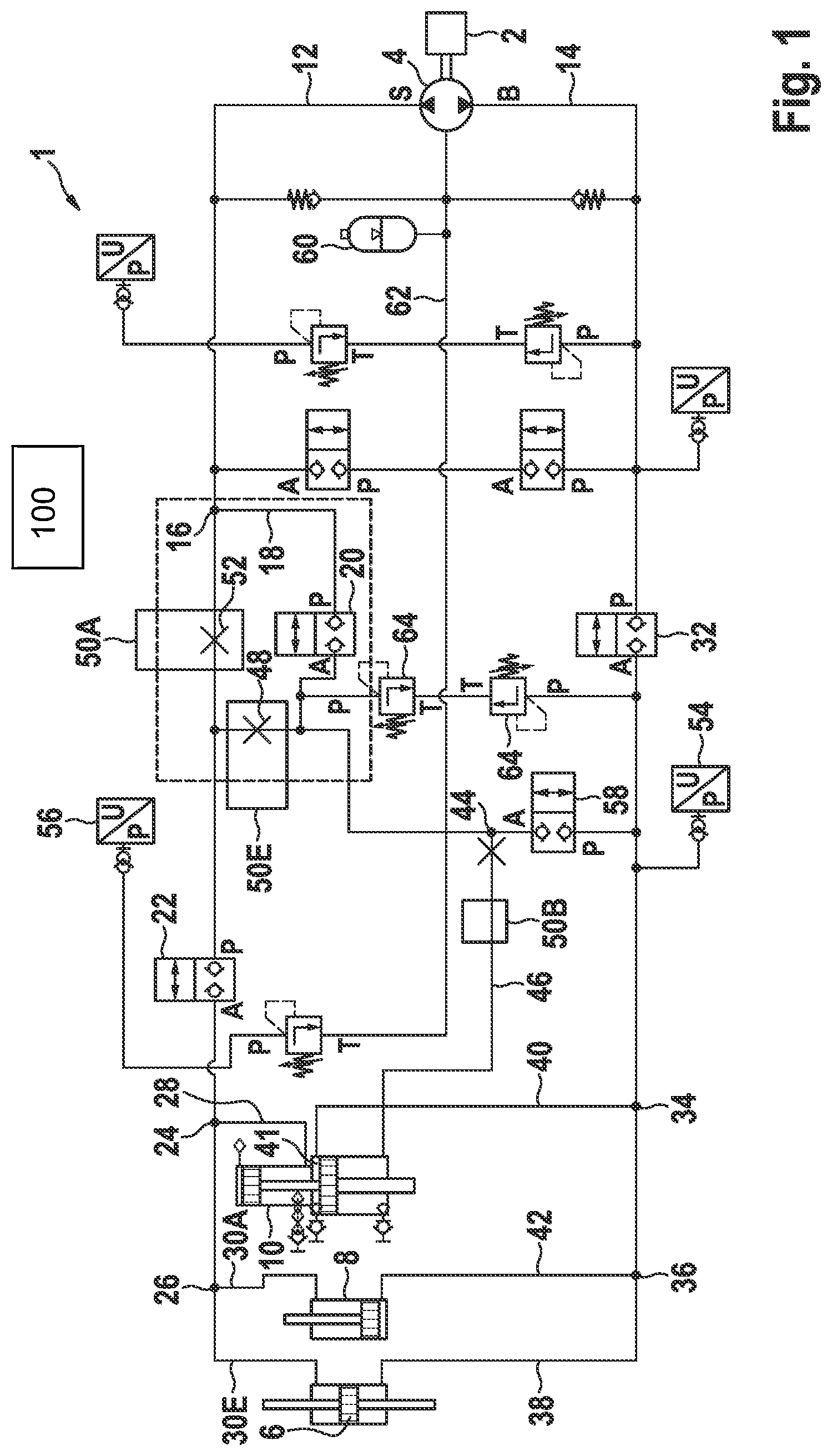 Patent US12313104 Figure 1 – Hydraulic arrangement with load-holding function and hydraulic arrangement control method