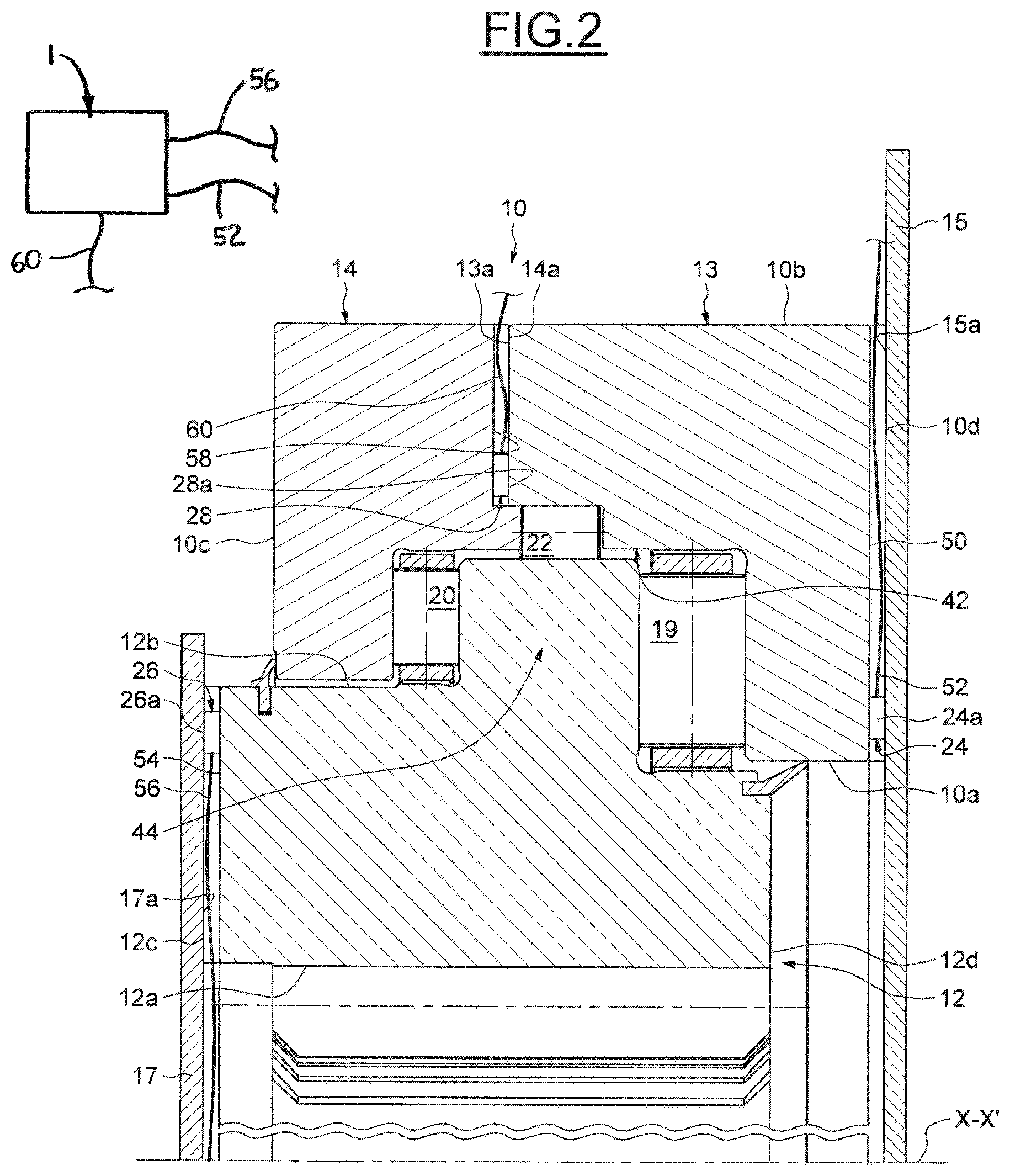 Patent US12313125 Figure 2 – Rolling bearing with distance sensor