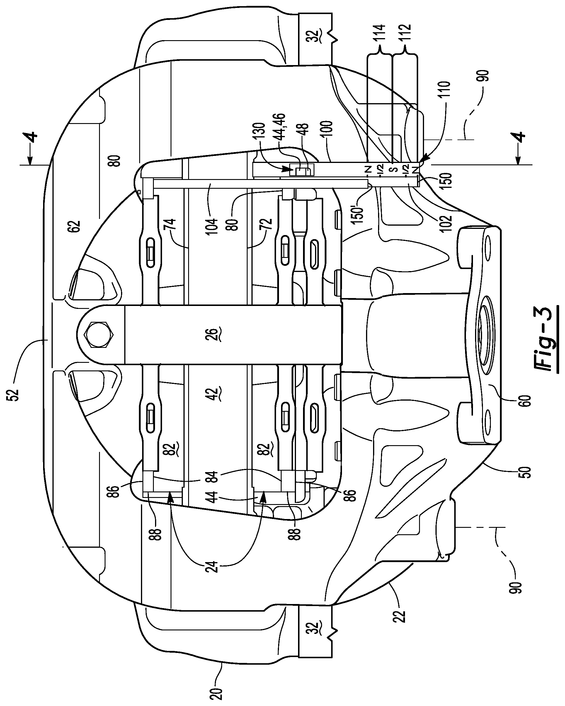 Patent US12313138 Figure 3 – Brake assembly having a friction material measurement system