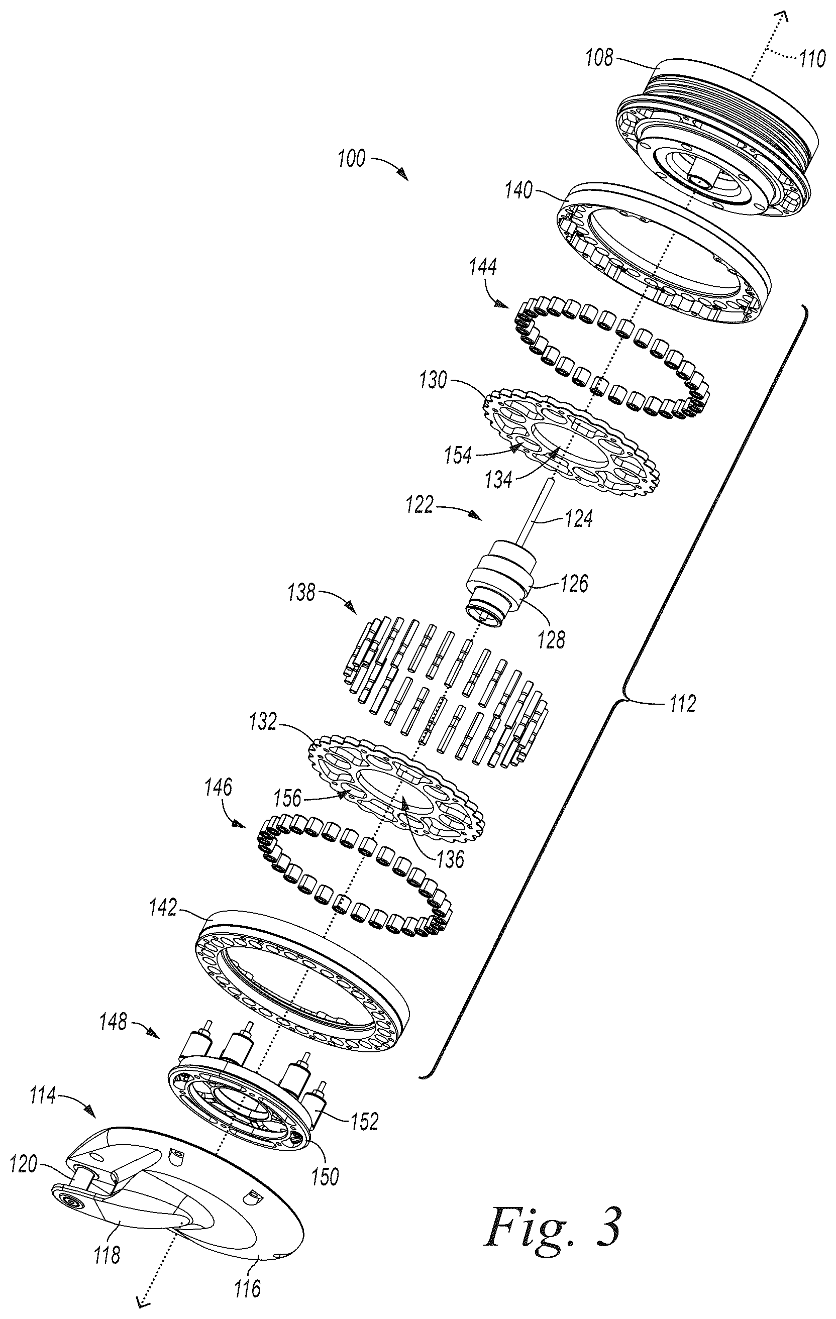 Patent US12313146 Figure 2 – Cycloid gear assembly with alternating contact between transfer members and pins and related technology