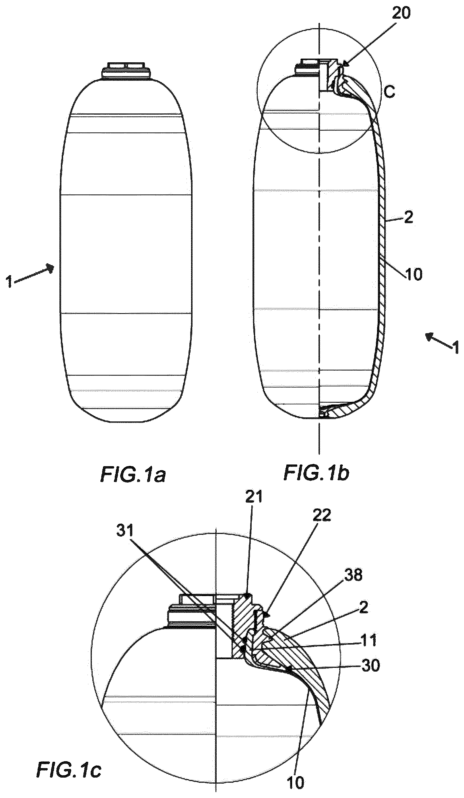 Patent US12313222 Figure 1 – Cylinder with core in plastic material and surface covering in composite material provided with nozzle and related method of production