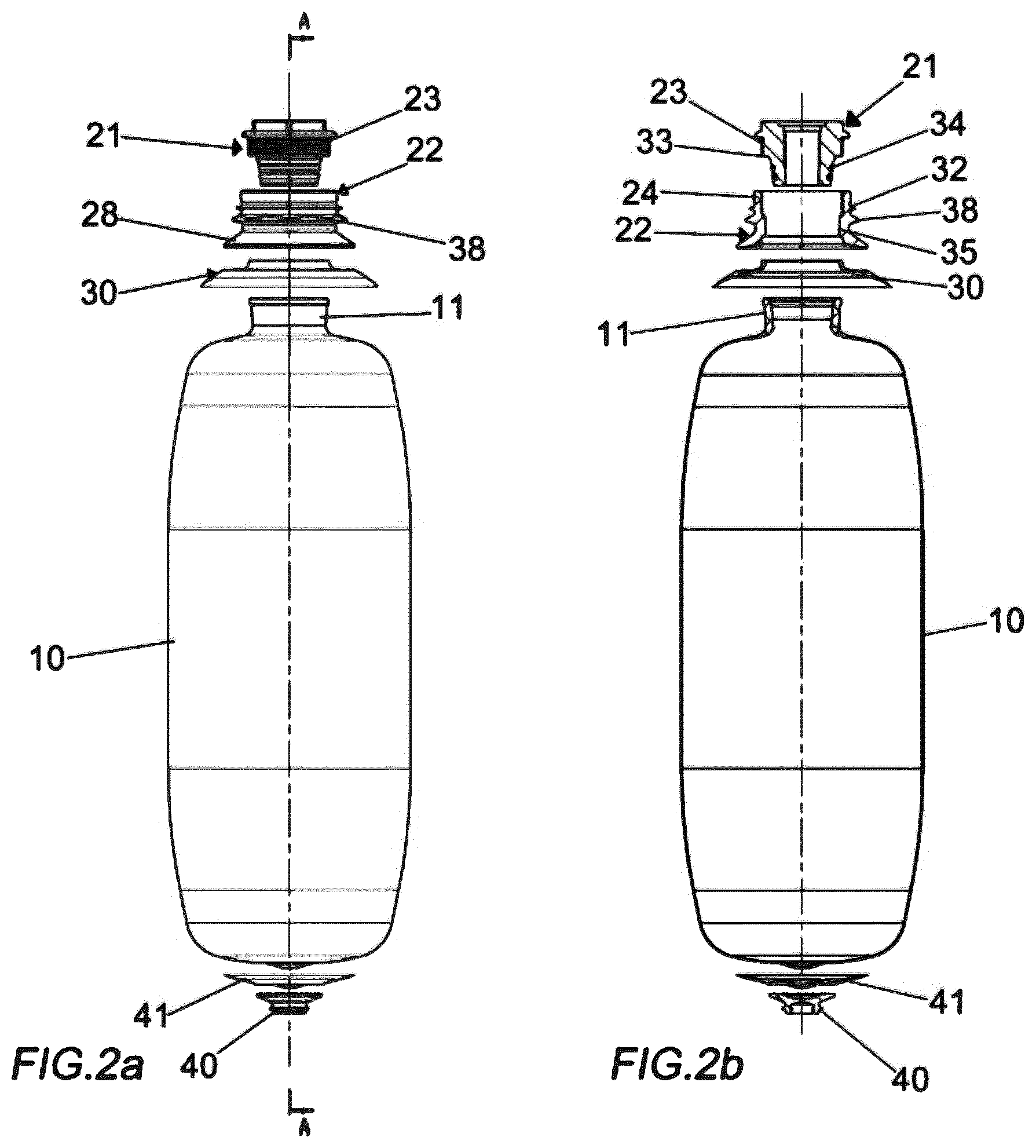 Patent US12313222 Figure 2 – Cylinder with core in plastic material and surface covering in composite material provided with nozzle and related method of production