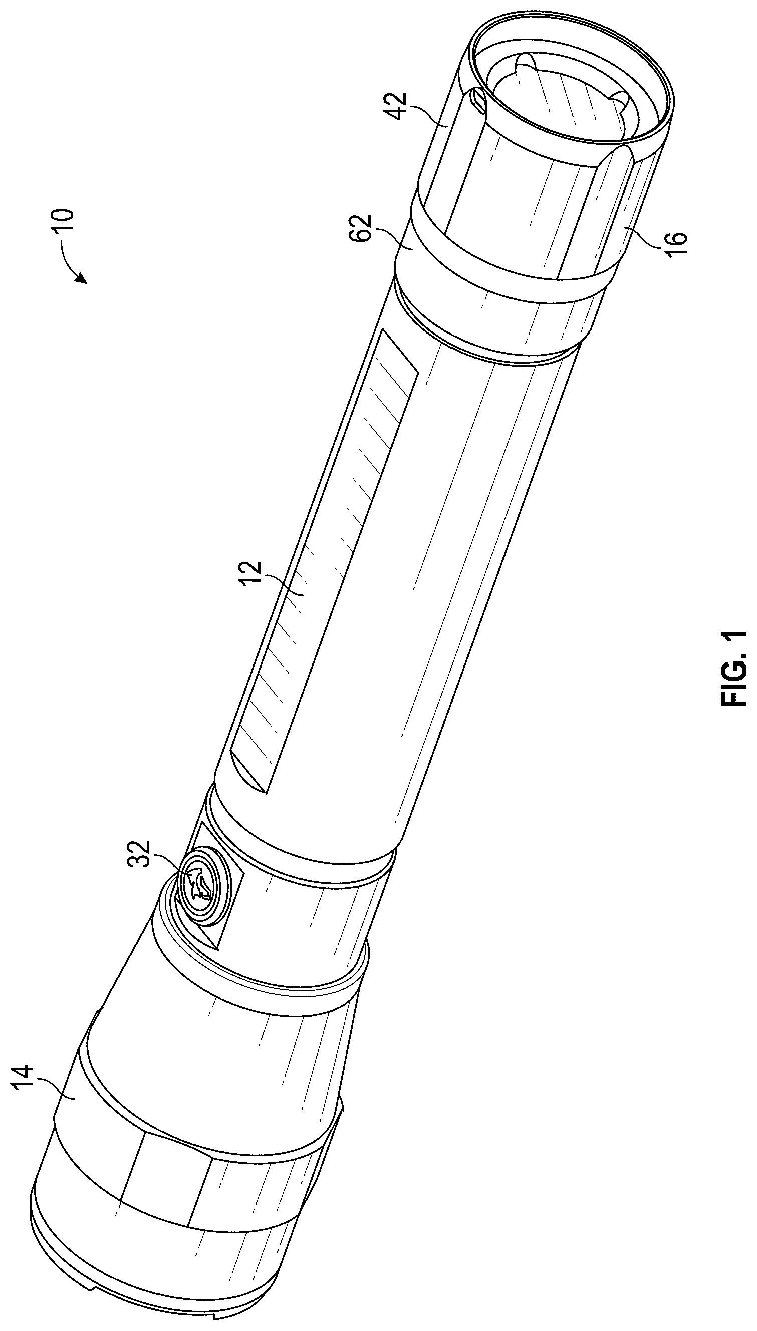 Patent US12313228 Figure 1 – Flashlight with rechargeable battery assembly